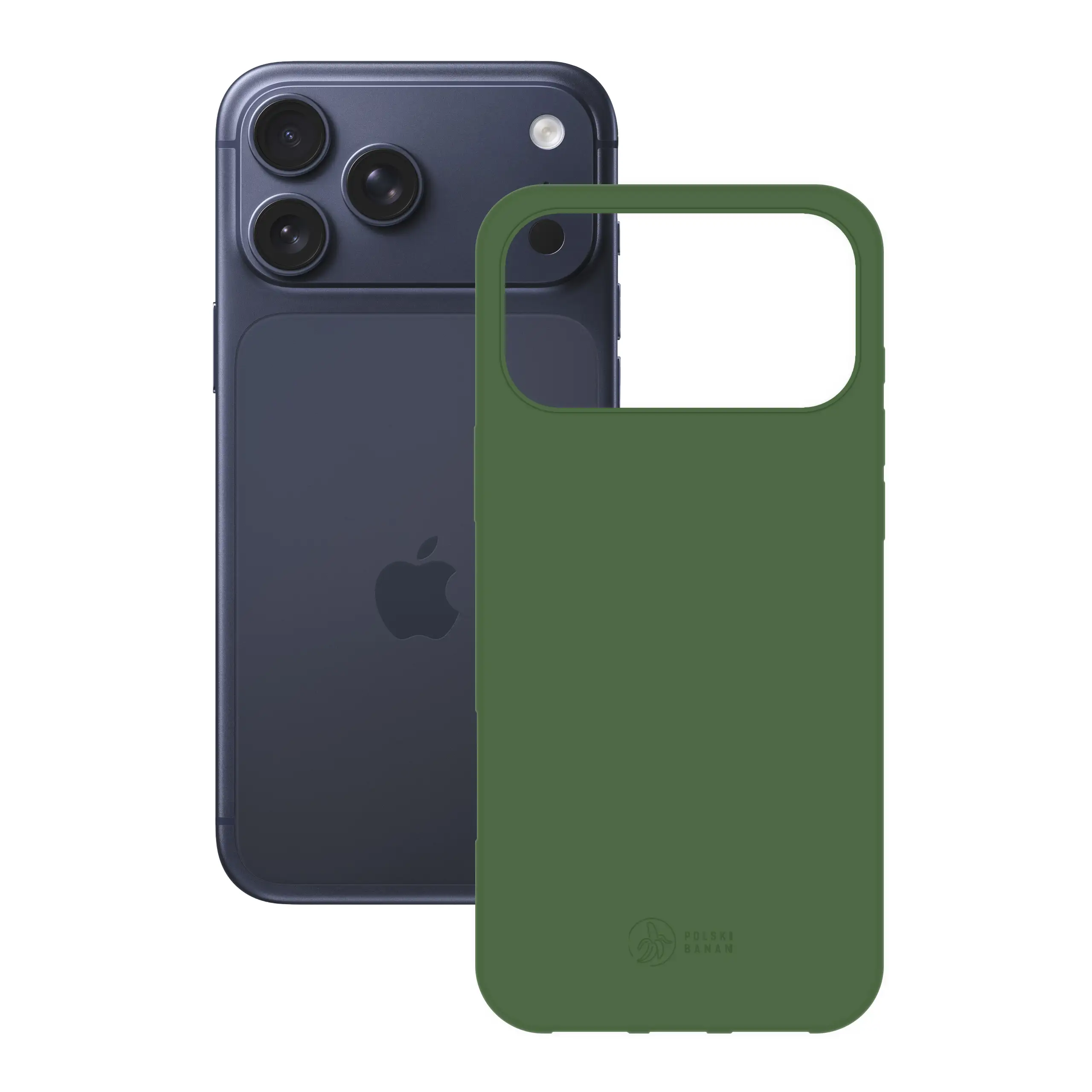 Etui silikonowe matowe butelkowe Polski Banan obok telefonu Apple iPhone 17 Pro Max