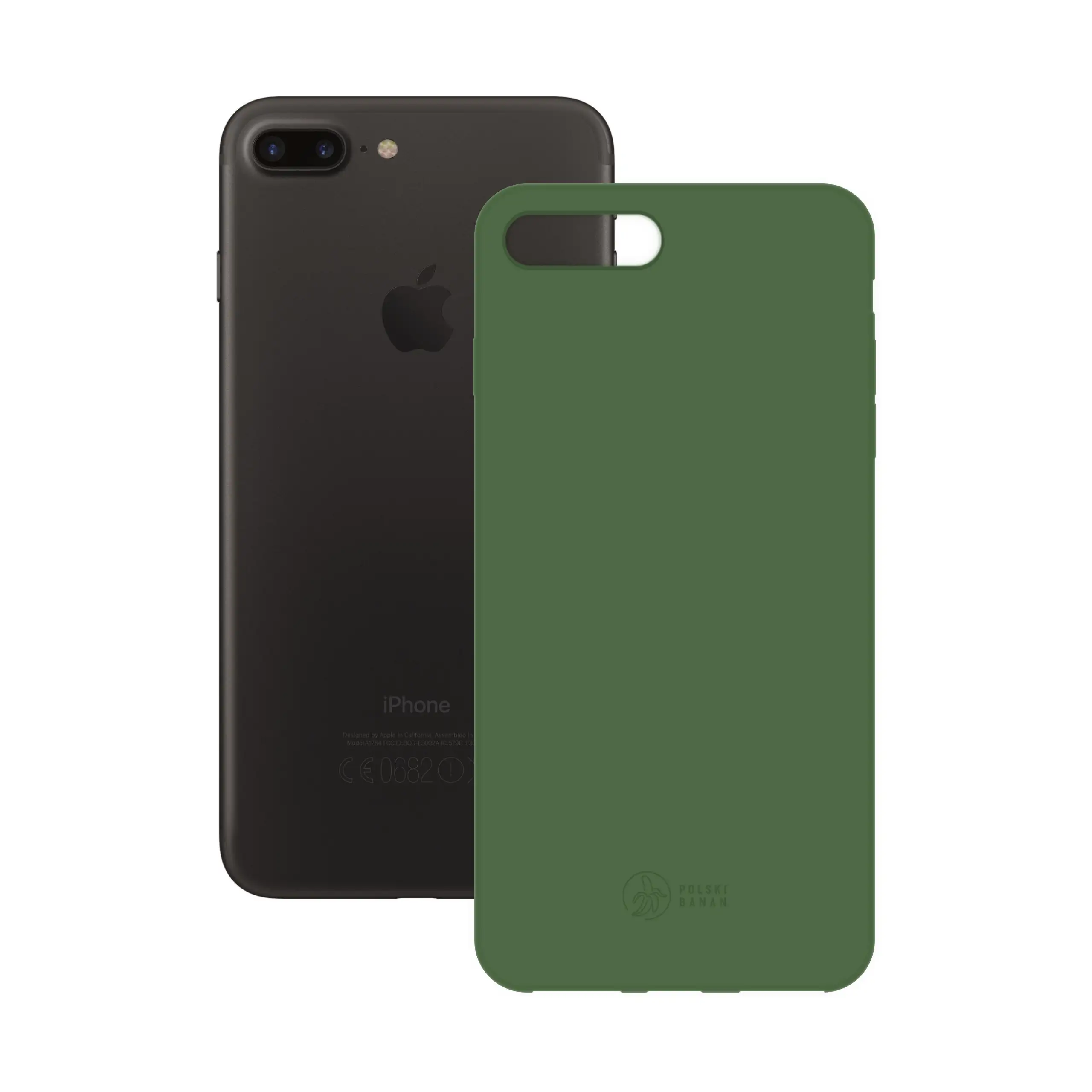 Etui silikonowe matowe butelkowe Polski Banan obok telefonu Apple iPhone 7 PLUS / 8 PLUS