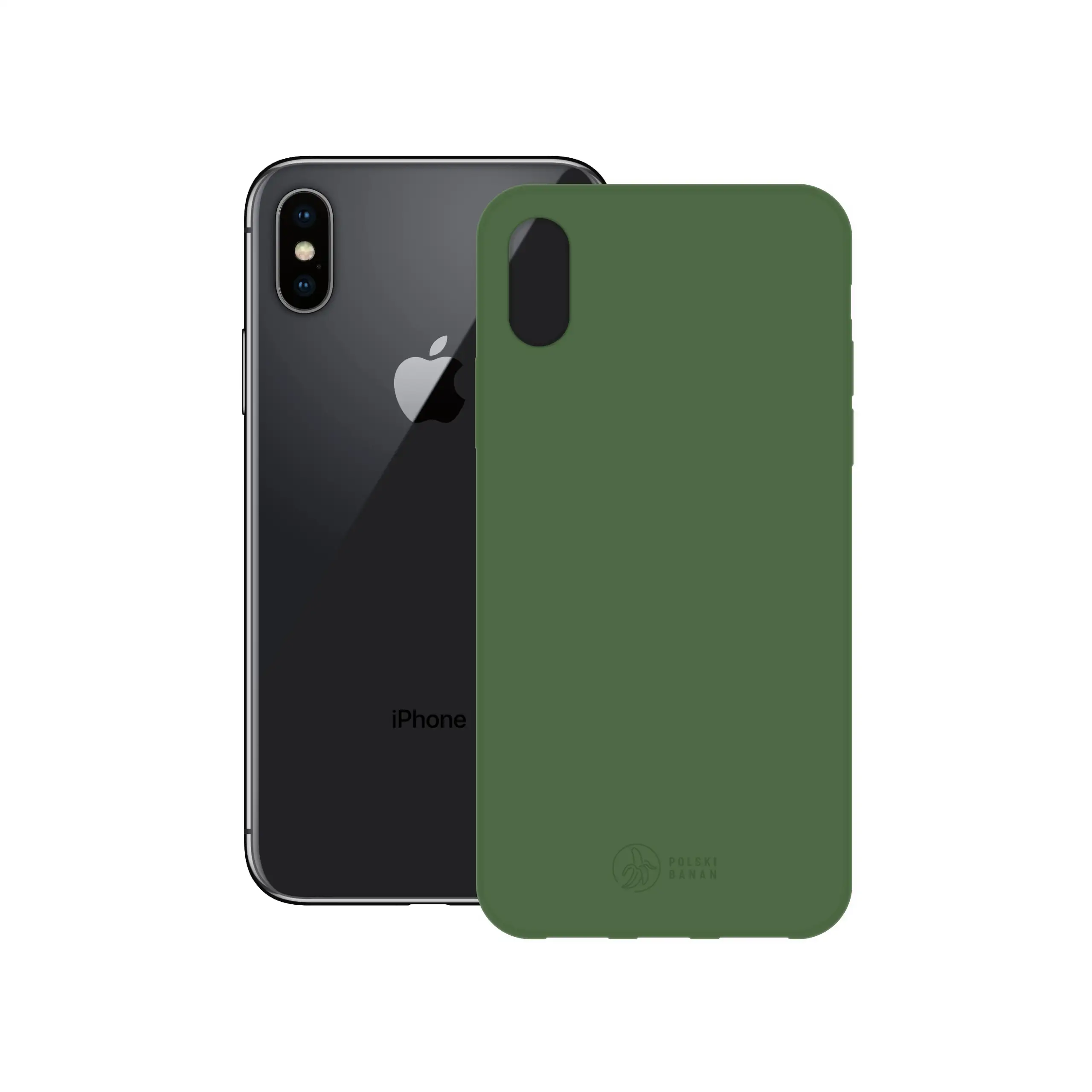 Etui silikonowe matowe butelkowe Polski Banan obok telefonu Apple iPhone X / Xs
