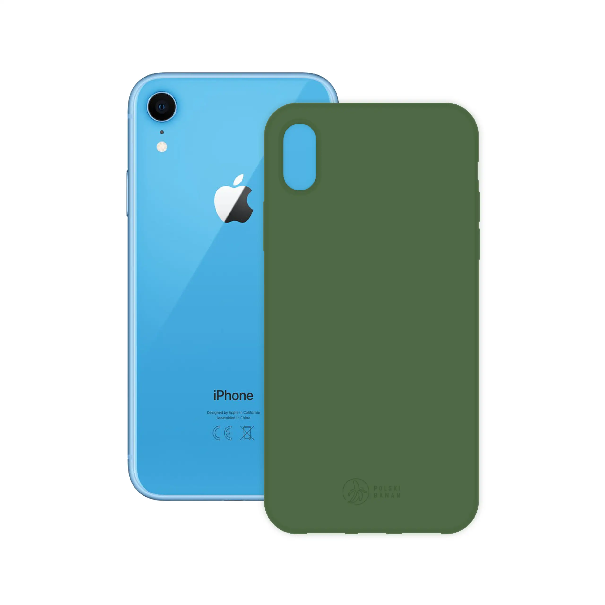 Etui silikonowe matowe butelkowe Polski Banan obok telefonu Apple iPhone Xr