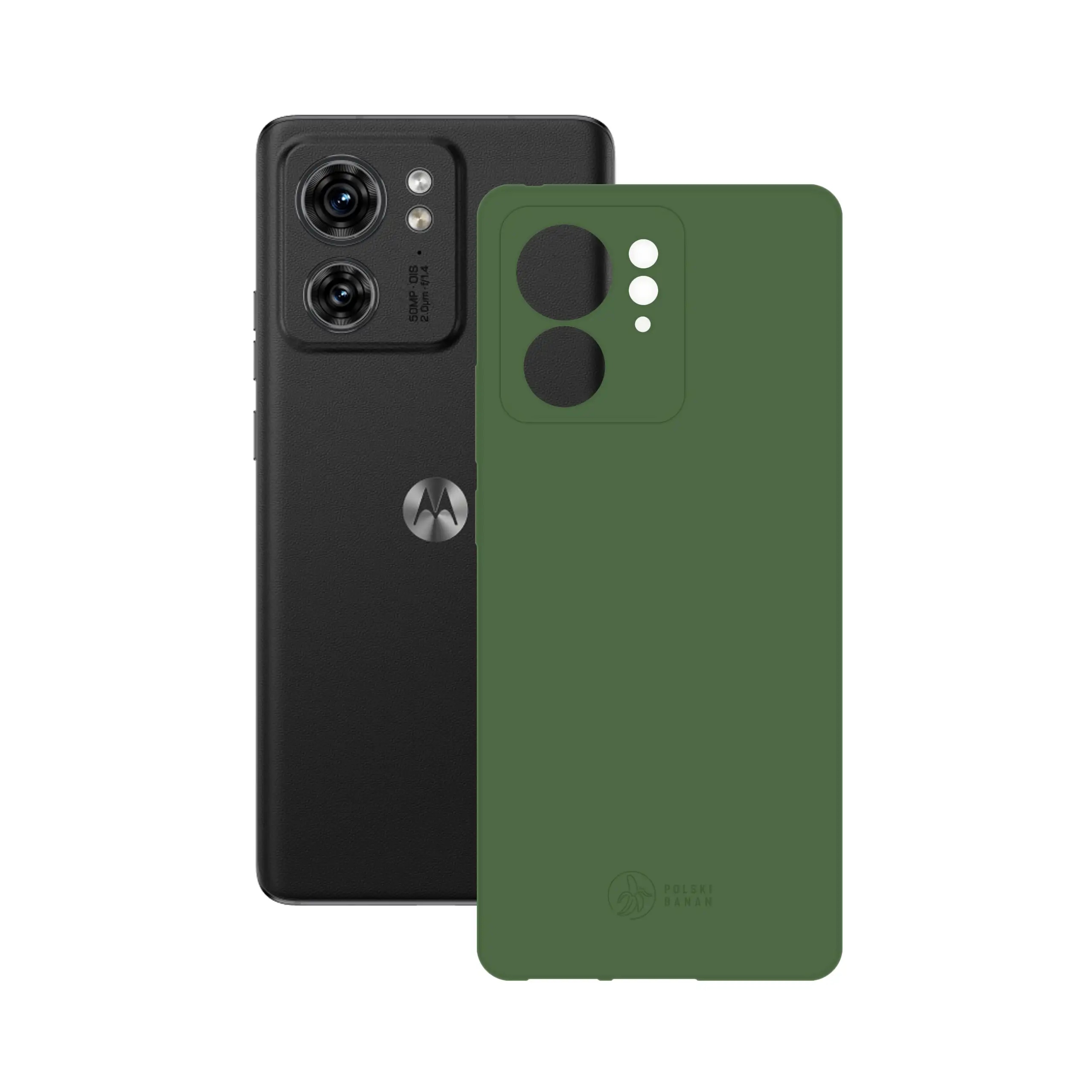 Etui silikonowe matowe butelkowe Polski Banan obok telefonu Motorola Edge 40