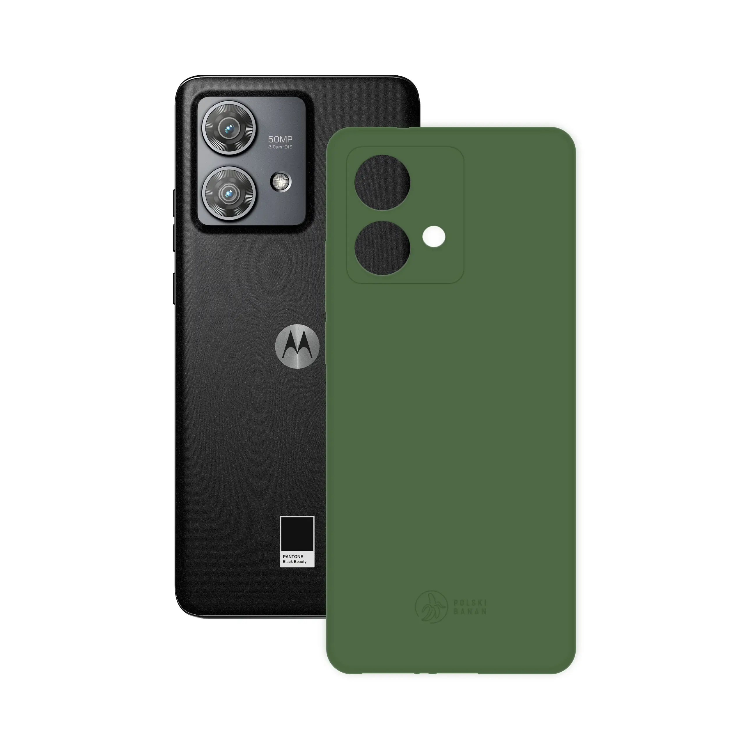Etui silikonowe matowe butelkowe Polski Banan obok telefonu Motorola Edge 40 Neo