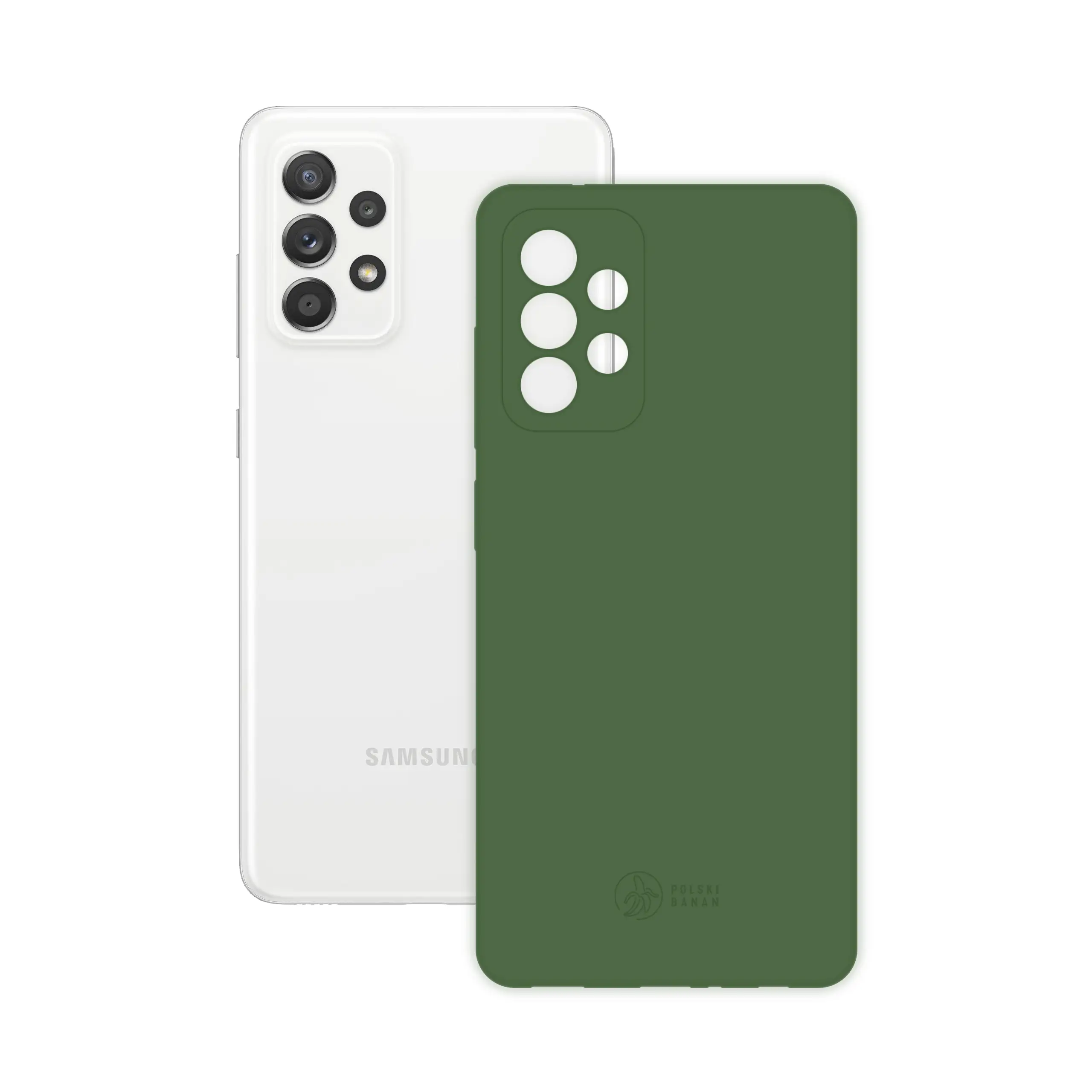 Etui silikonowe matowe butelkowe Polski Banan obok telefonu Samsung Galaxy A52 / A52s