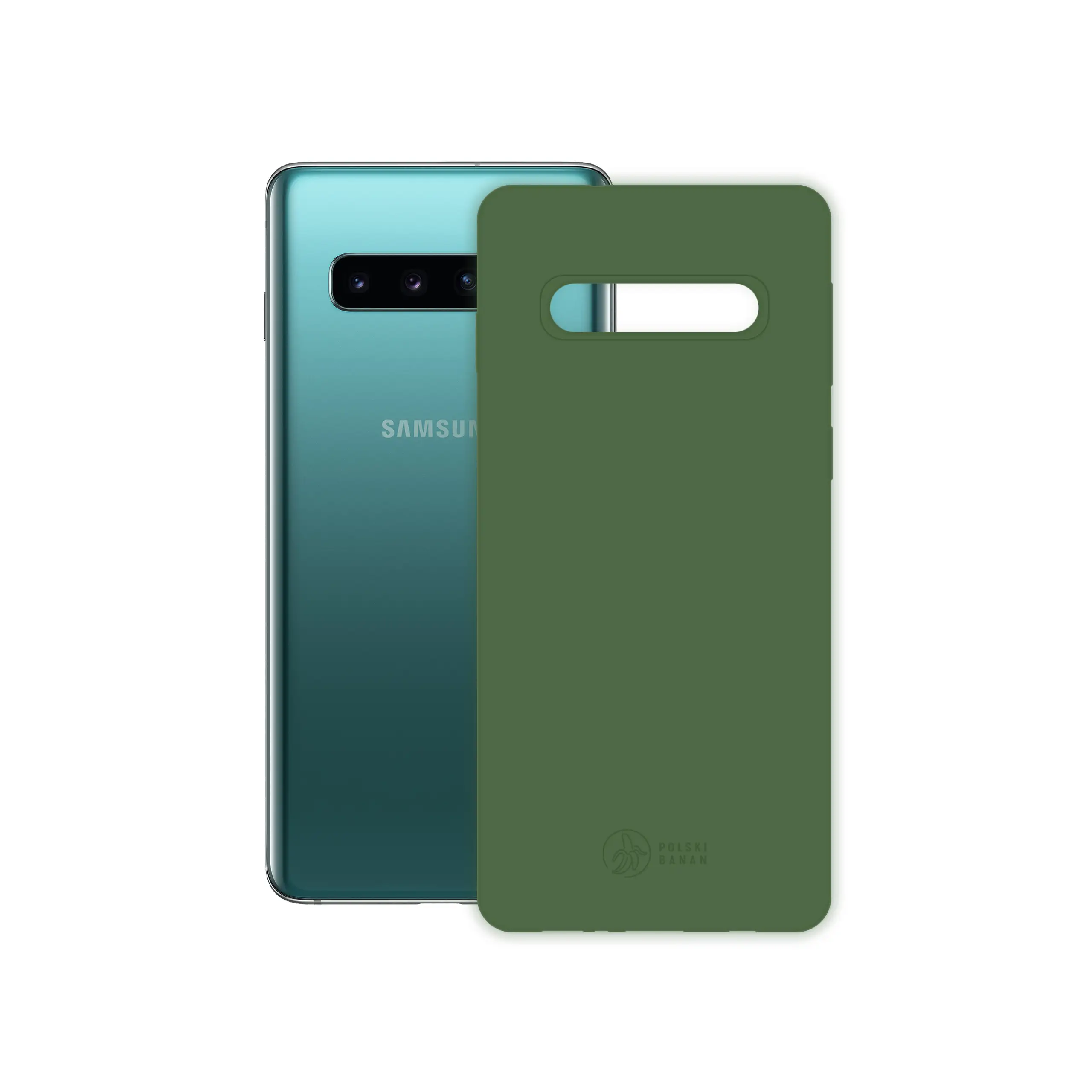 Etui silikonowe matowe butelkowe Polski Banan obok telefonu Samsung Galaxy S10
