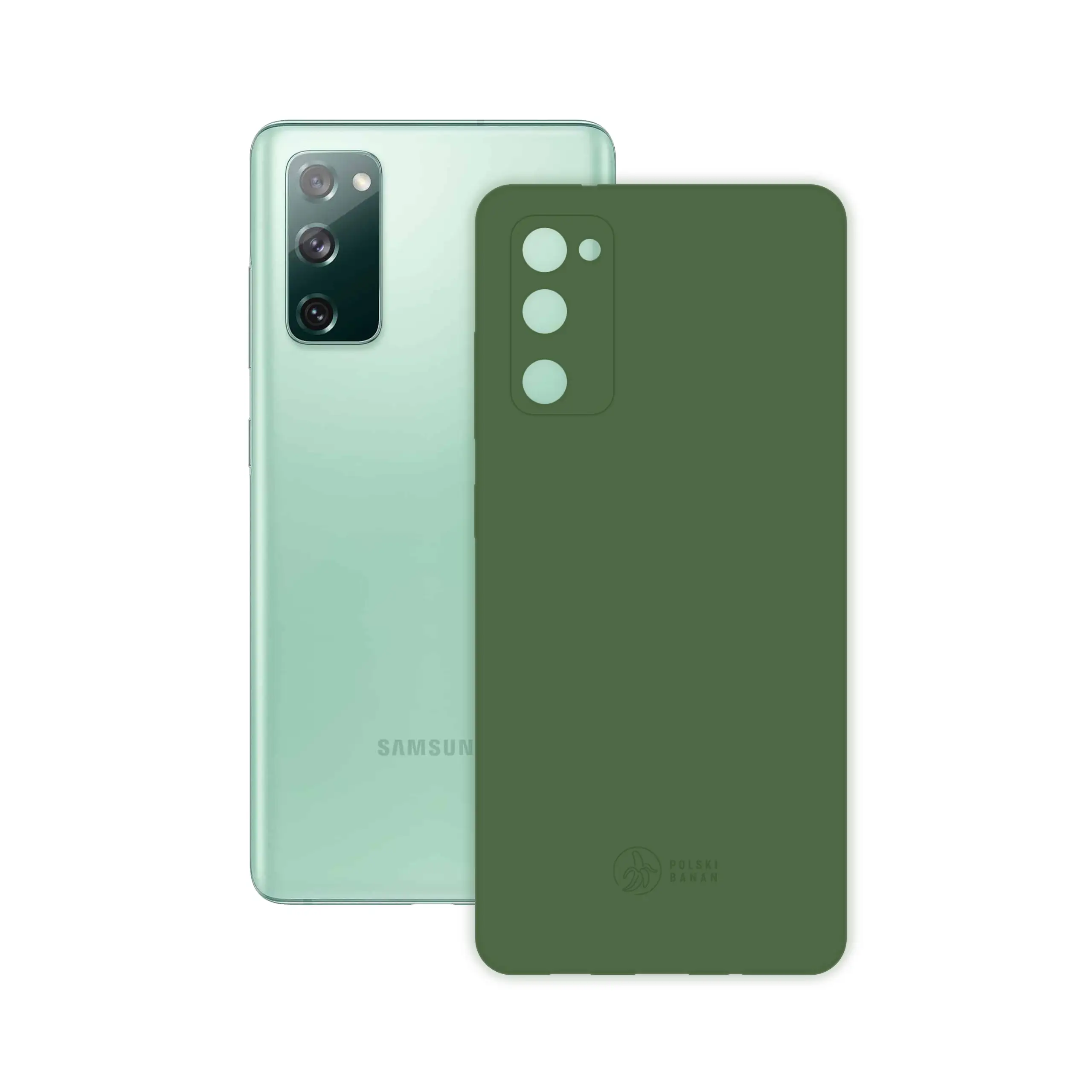 Etui silikonowe matowe butelkowe Polski Banan obok telefonu Samsung Galaxy S20 FE