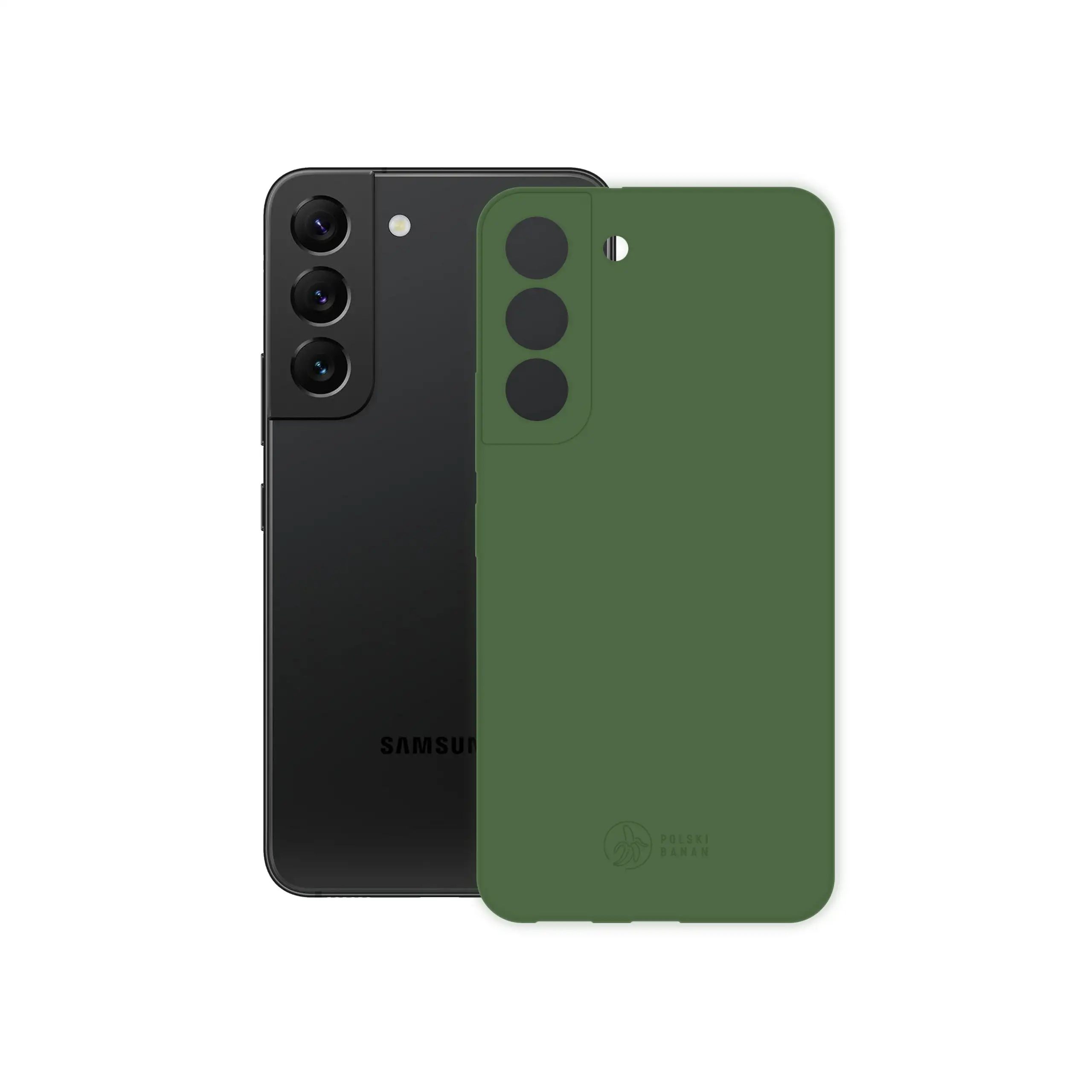 Etui silikonowe matowe butelkowe Polski Banan obok telefonu Samsung Galaxy S22