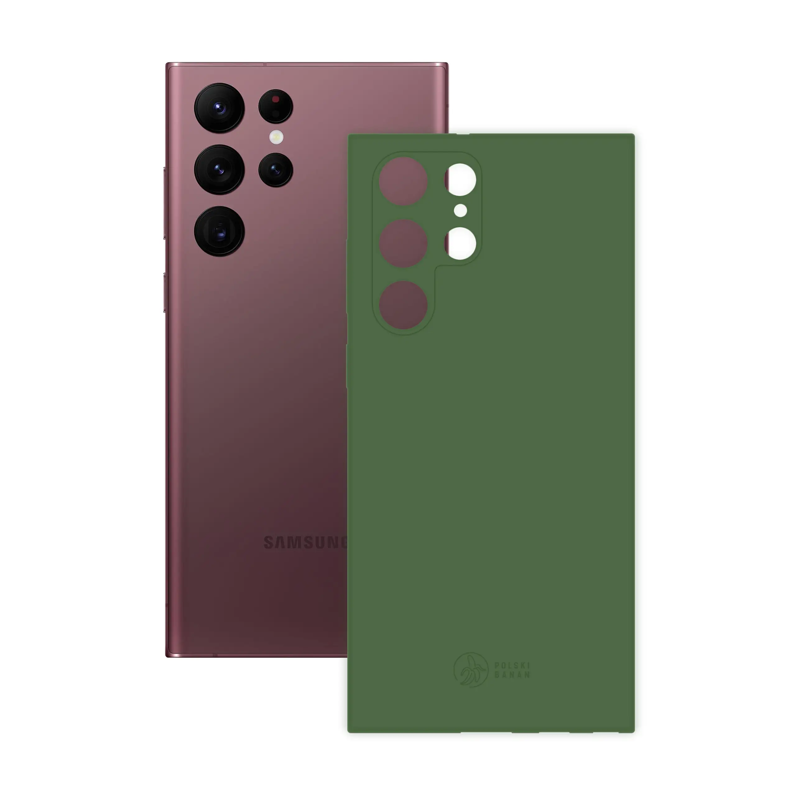 Etui silikonowe matowe butelkowe Polski Banan obok telefonu Samsung Galaxy S22 Ultra