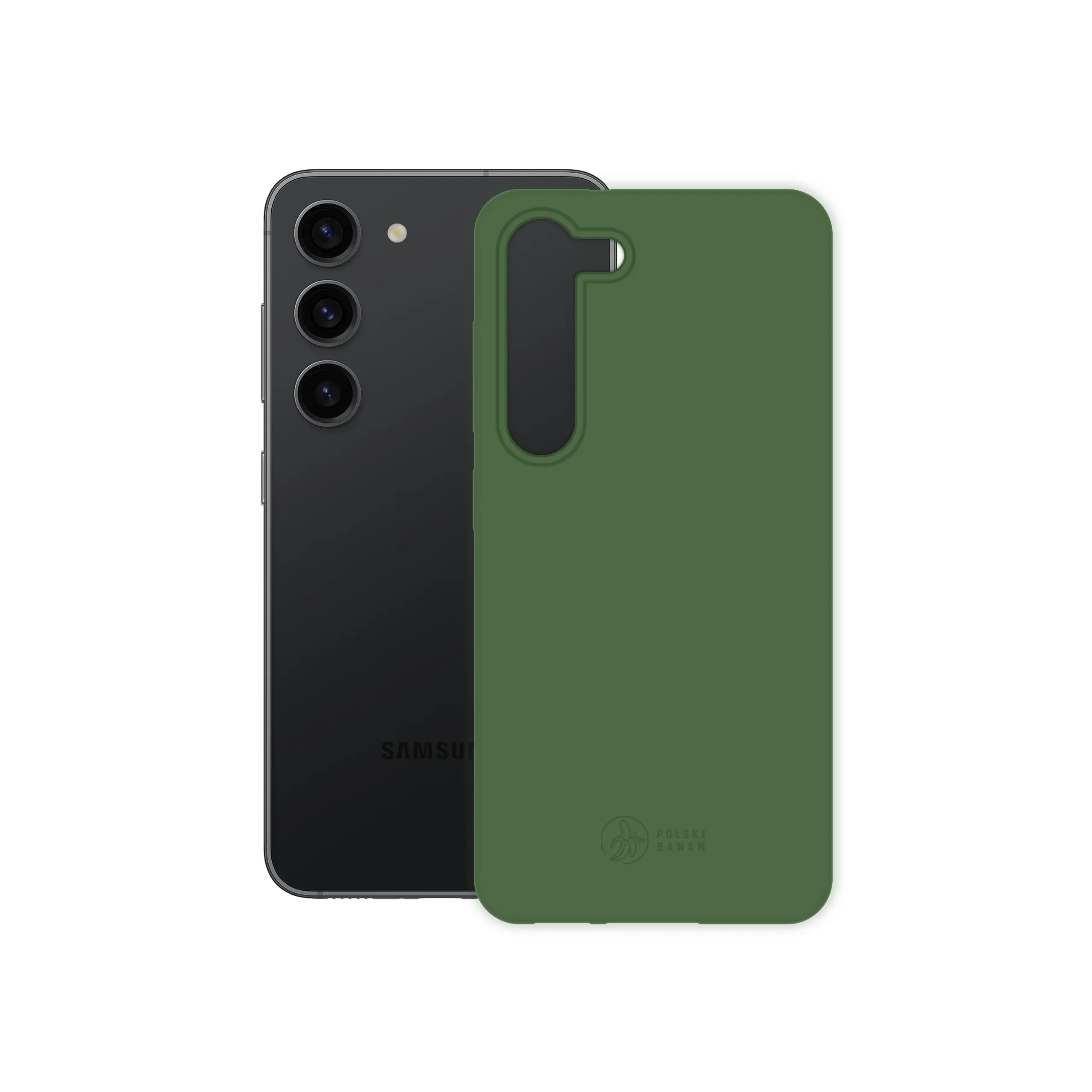 Etui silikonowe matowe butelkowe Polski Banan obok telefonu Samsung Galaxy S23