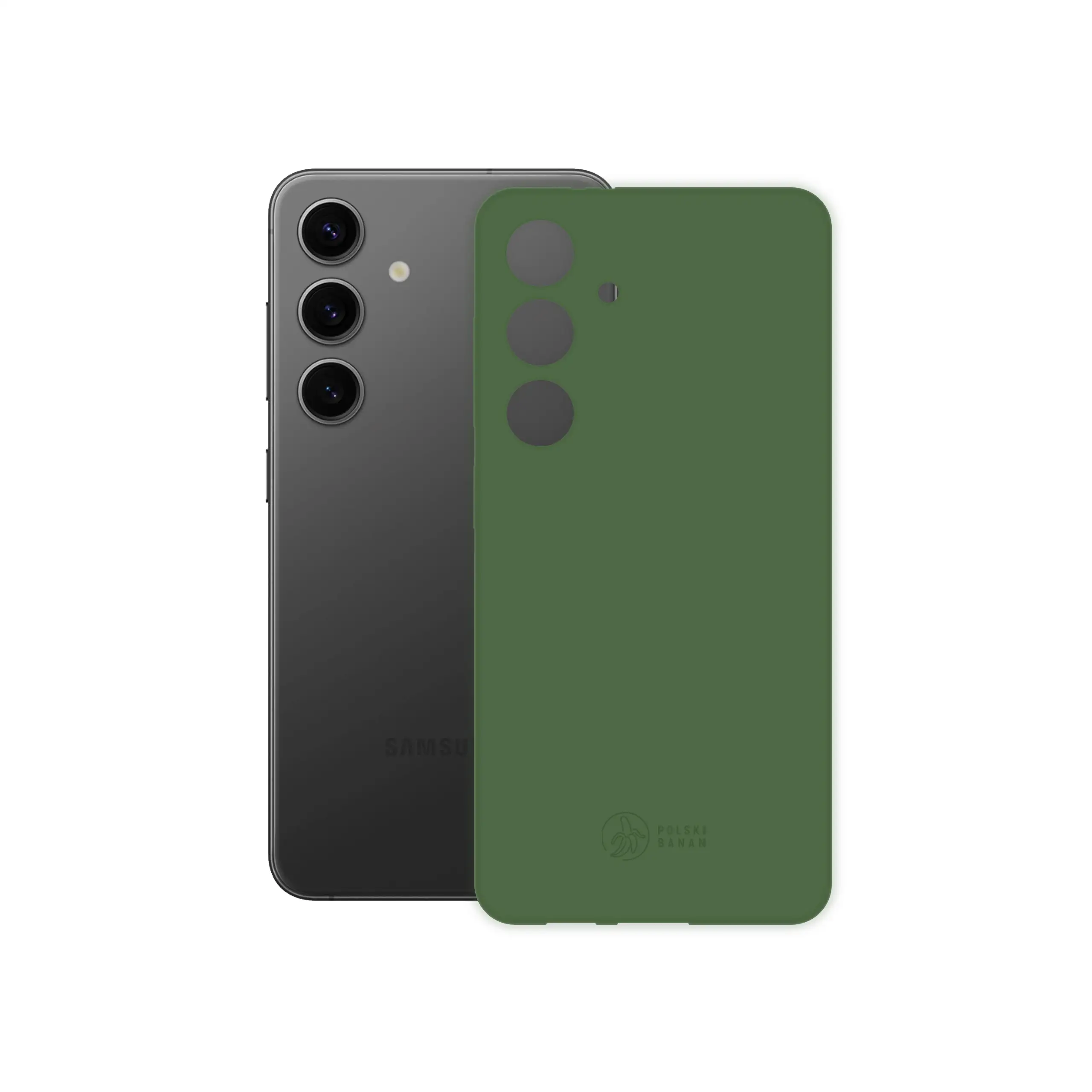 Etui silikonowe matowe butelkowe Polski Banan obok telefonu Samsung Galaxy S24