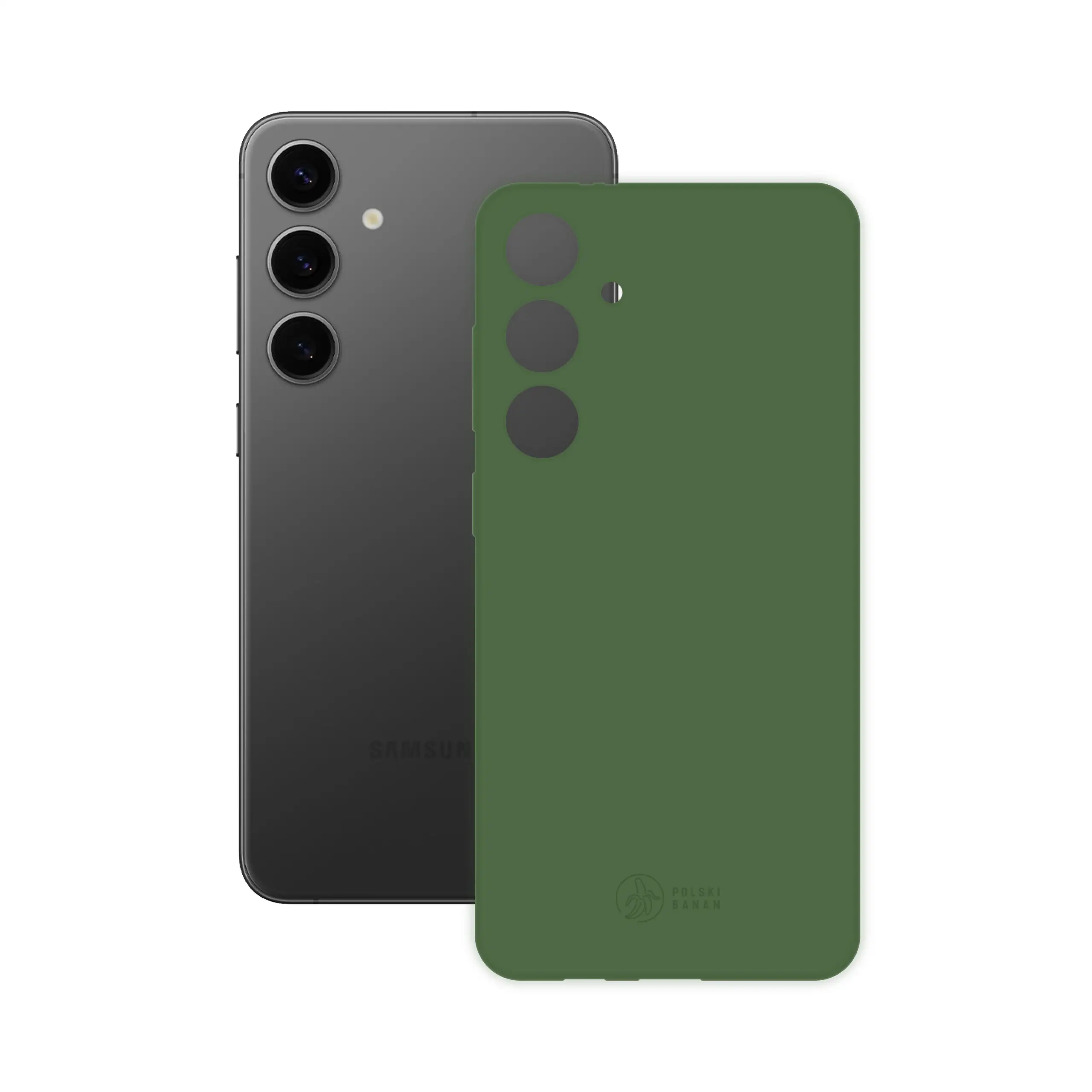 Etui silikonowe matowe butelkowe Polski Banan obok telefonu Samsung Galaxy S24 Plus