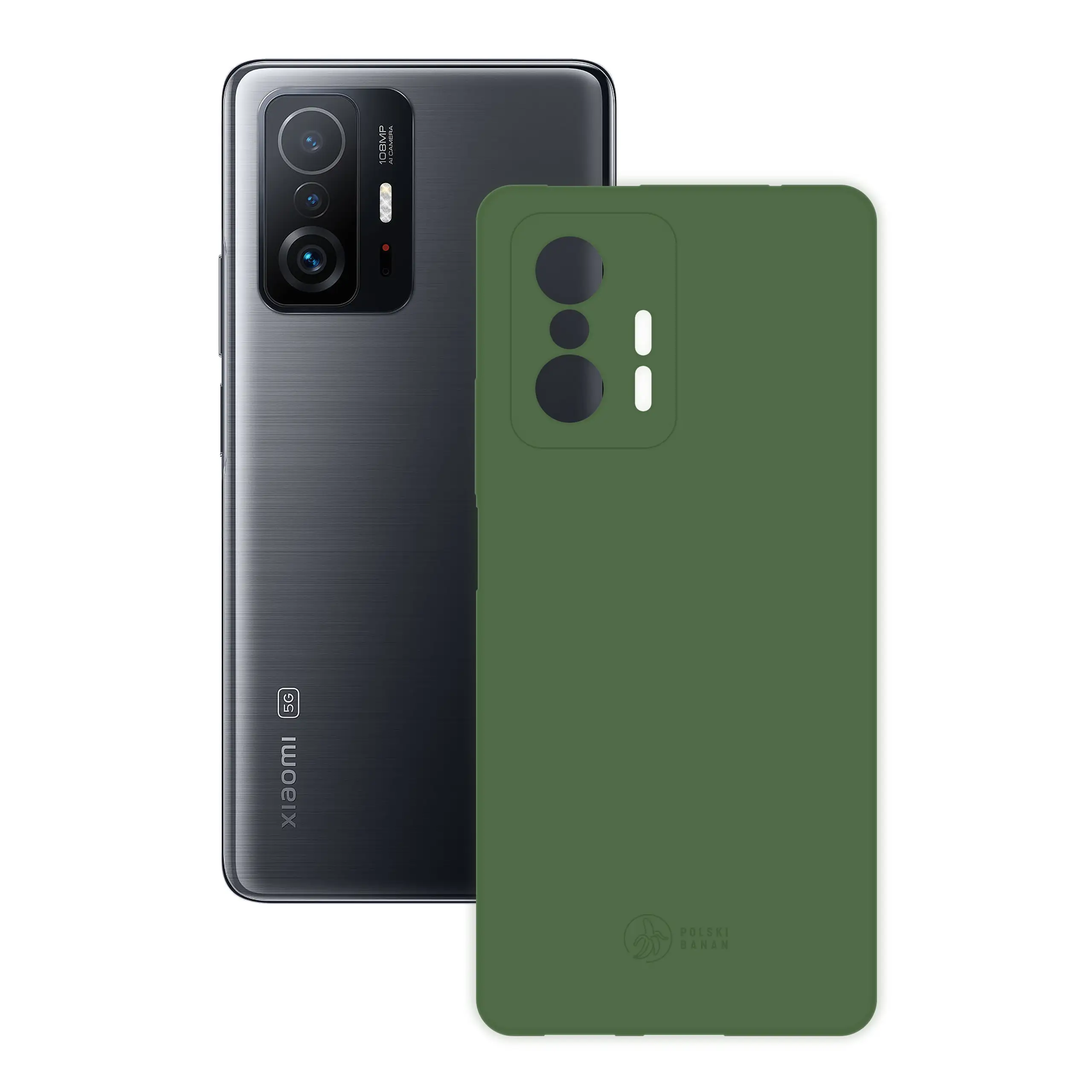 Etui silikonowe matowe butelkowe Polski Banan obok telefonu Xiaomi 11T / Pro