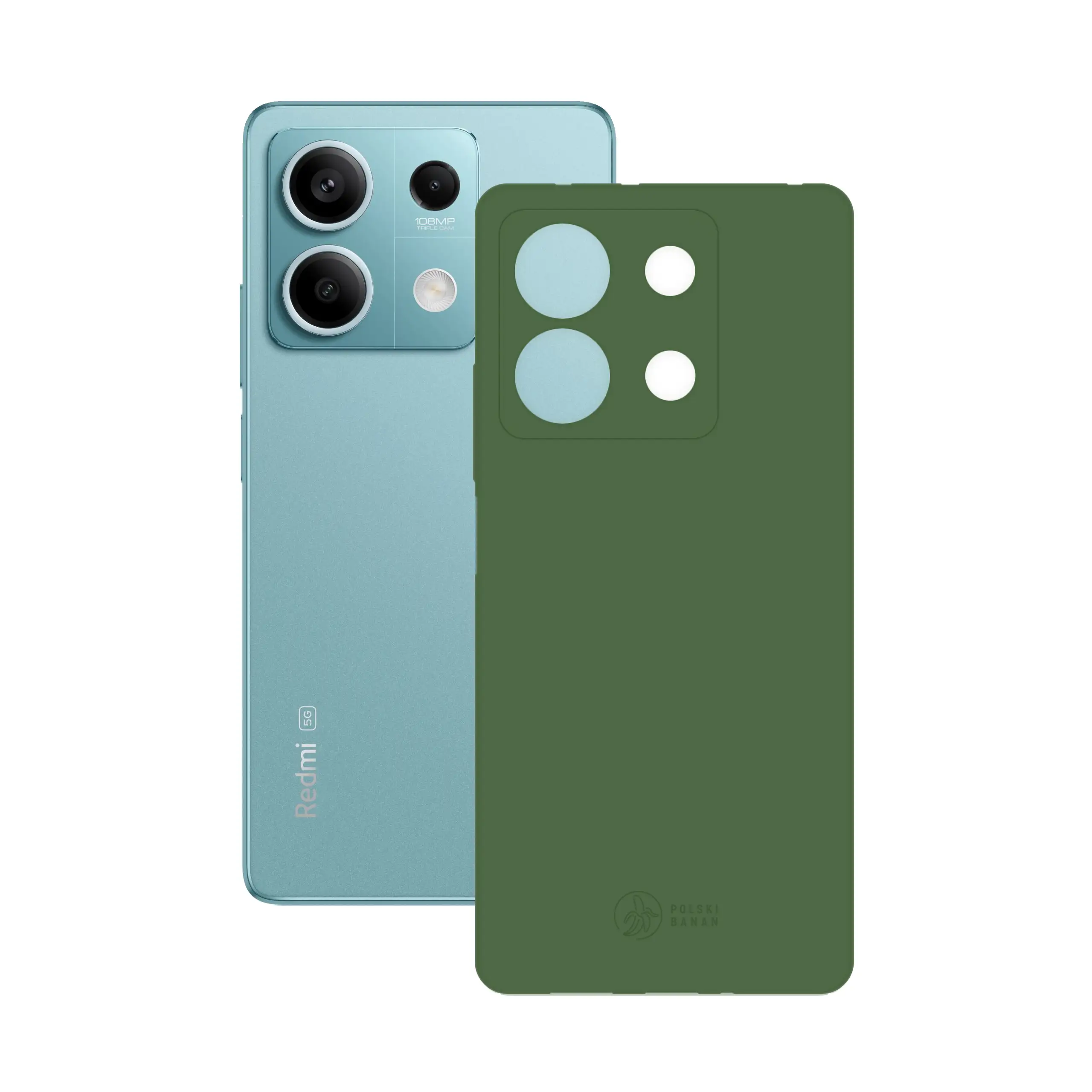 Etui silikonowe matowe butelkowe Polski Banan obok telefonu Xiaomi Redmi Note 13 5G