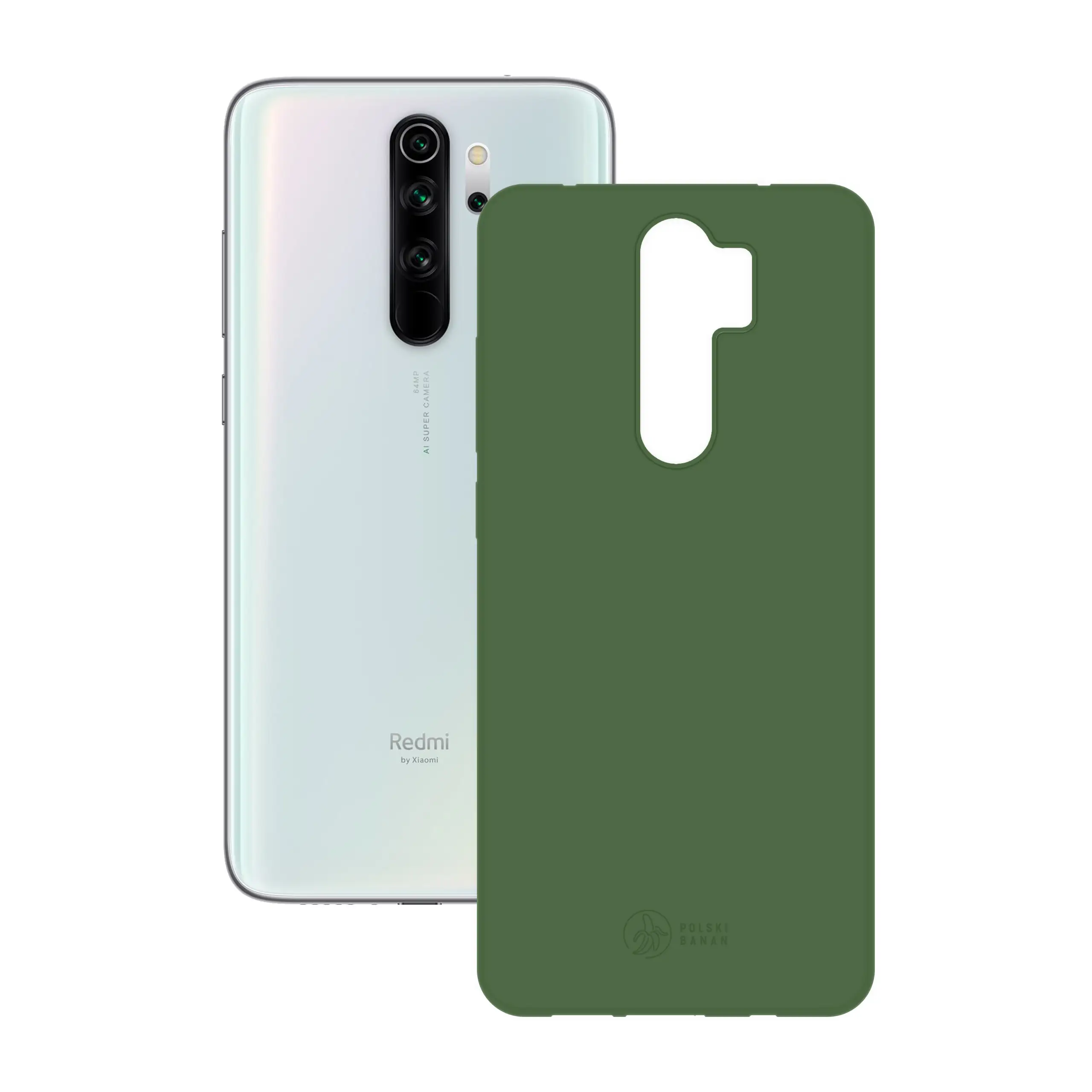 Etui silikonowe matowe butelkowe Polski Banan obok telefonu Xiaomi Redmi Note 8 Pro