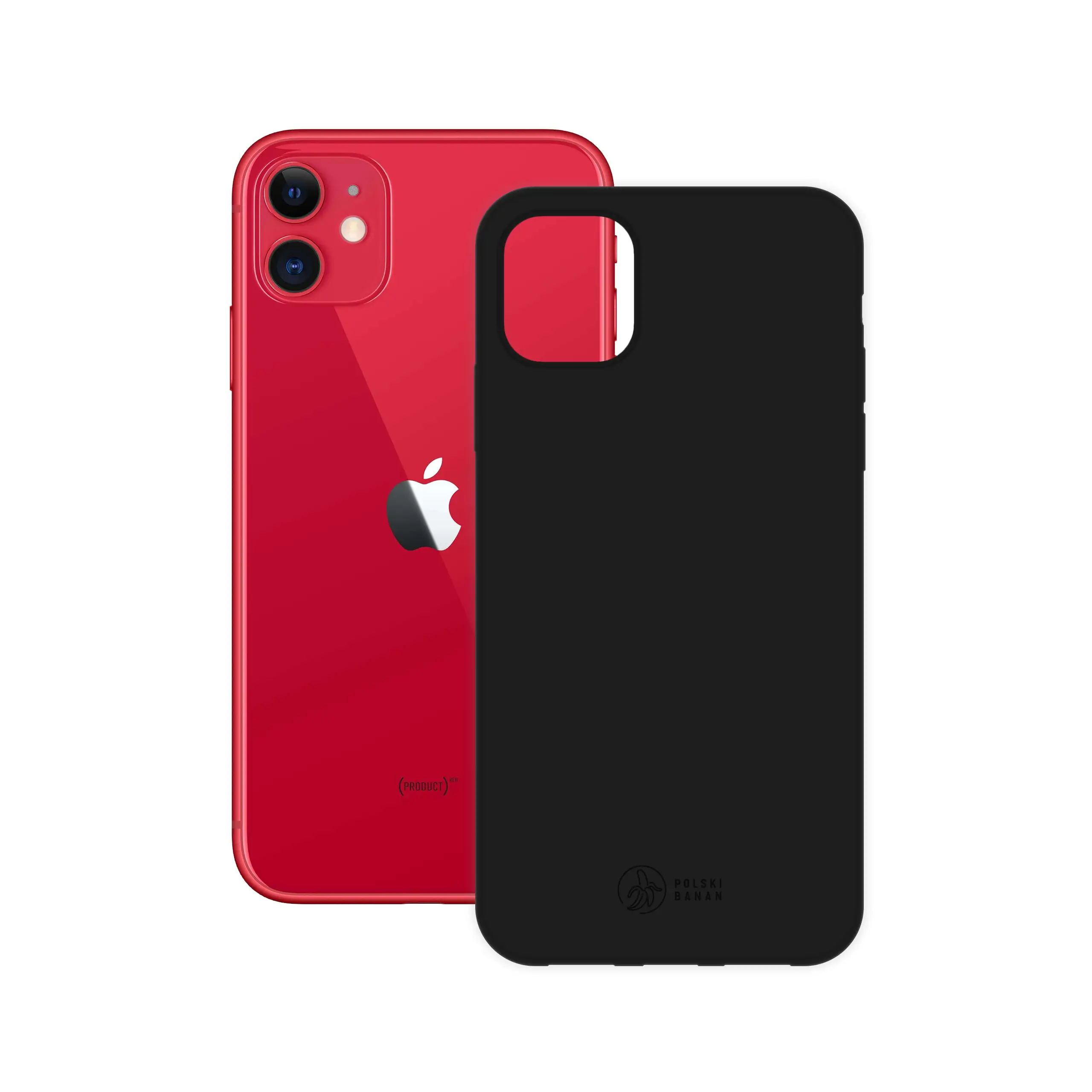 Etui silikonowe matowe czarne Polski Banan obok telefonu Apple iPhone 11