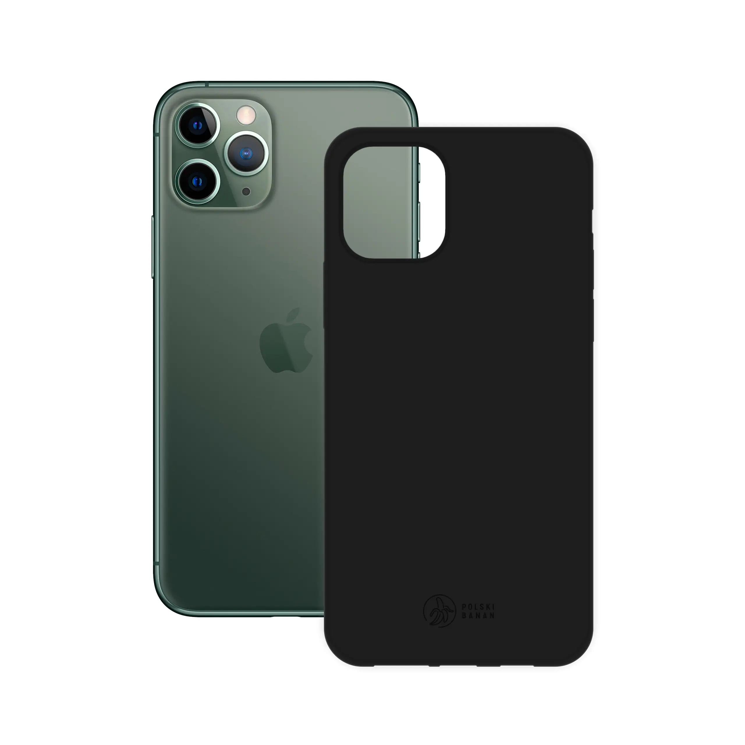 Etui silikonowe matowe czarne Polski Banan obok telefonu Apple iPhone 11 Pro Max