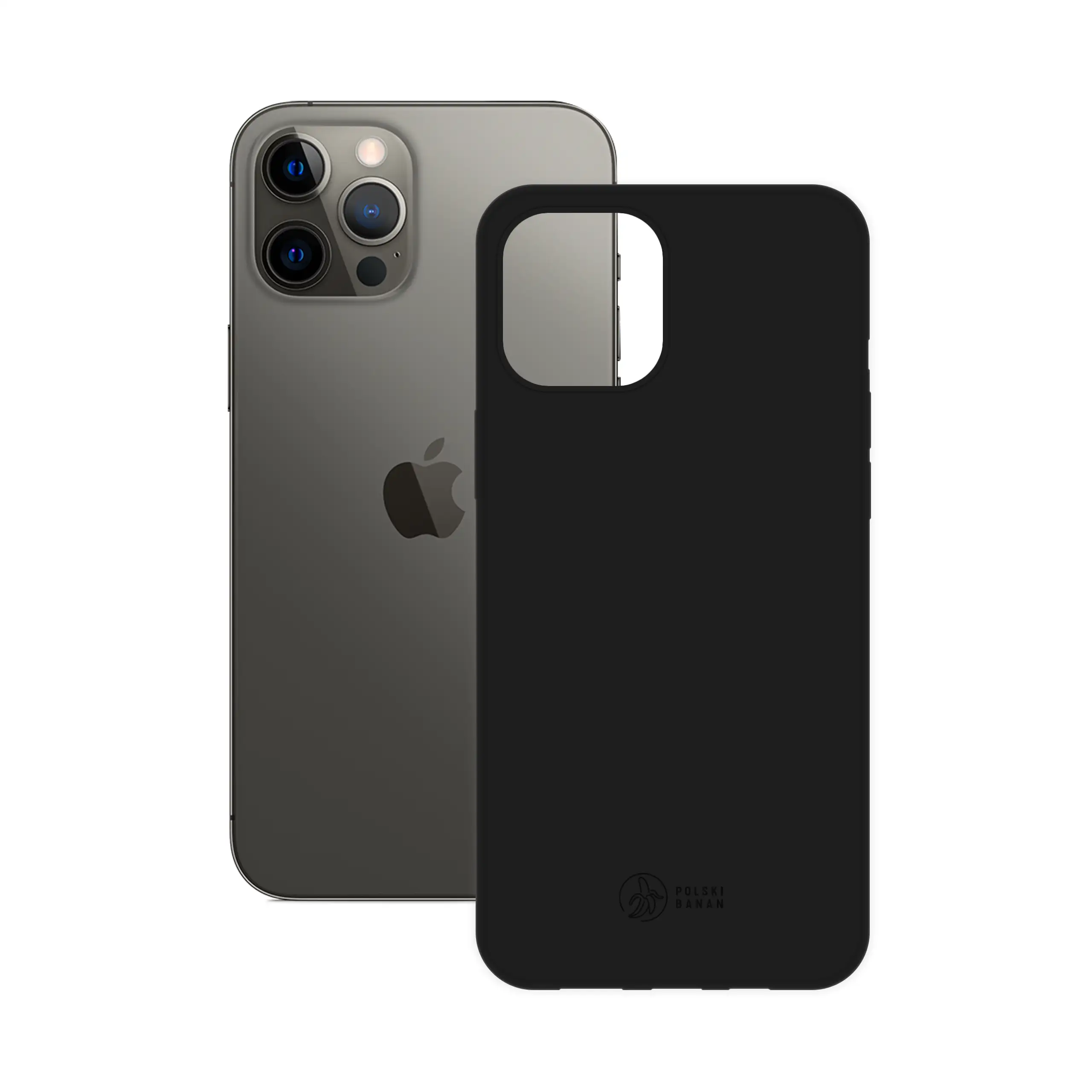 Etui silikonowe matowe czarne Polski Banan obok telefonu Apple iPhone 12 Pro Max