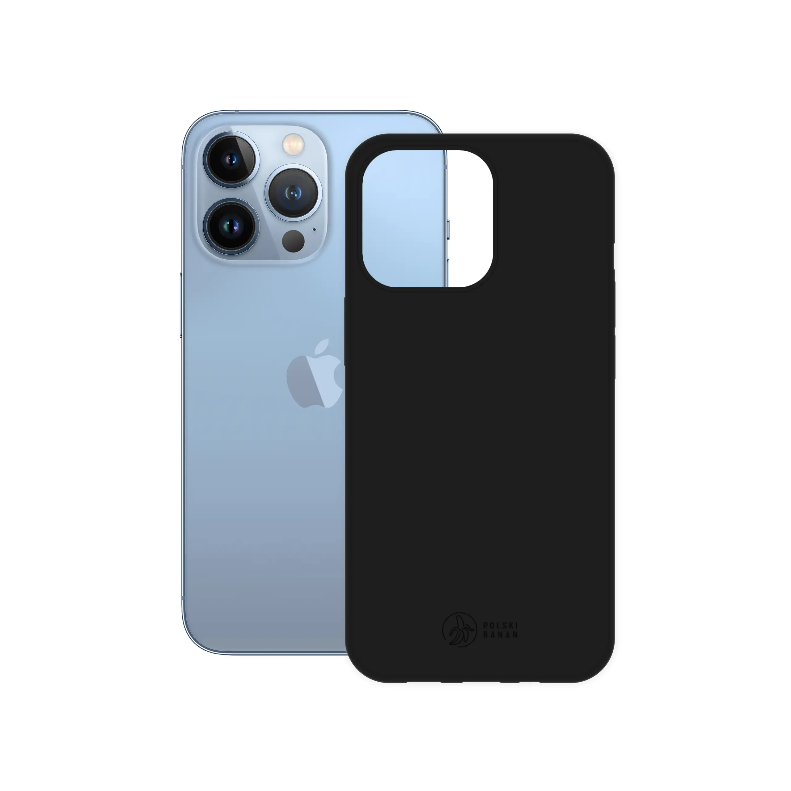 Etui silikonowe matowe czarne Polski Banan obok telefonu Apple iPhone 13 Pro