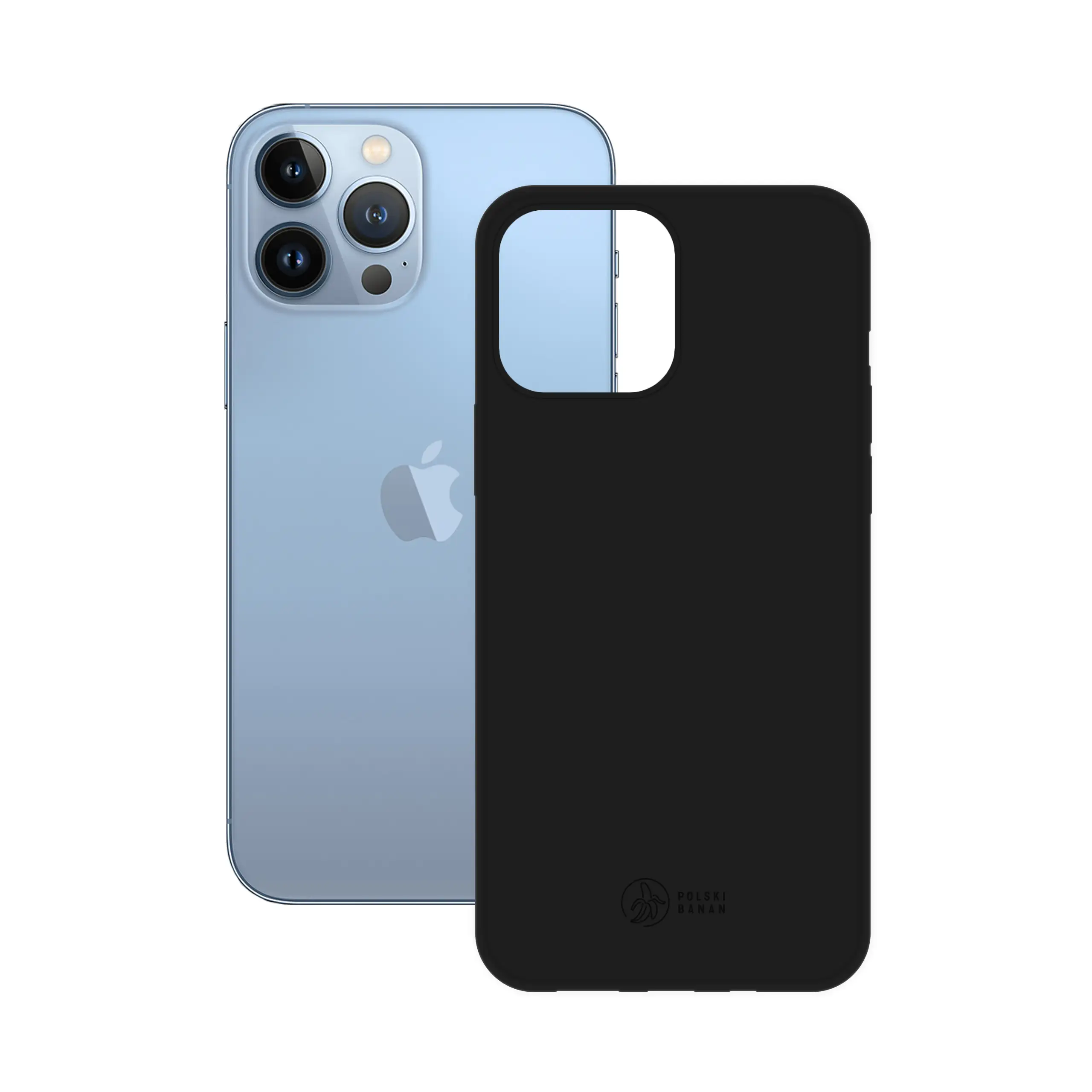 Etui silikonowe matowe czarne Polski Banan obok telefonu Apple iPhone 13 Pro Max