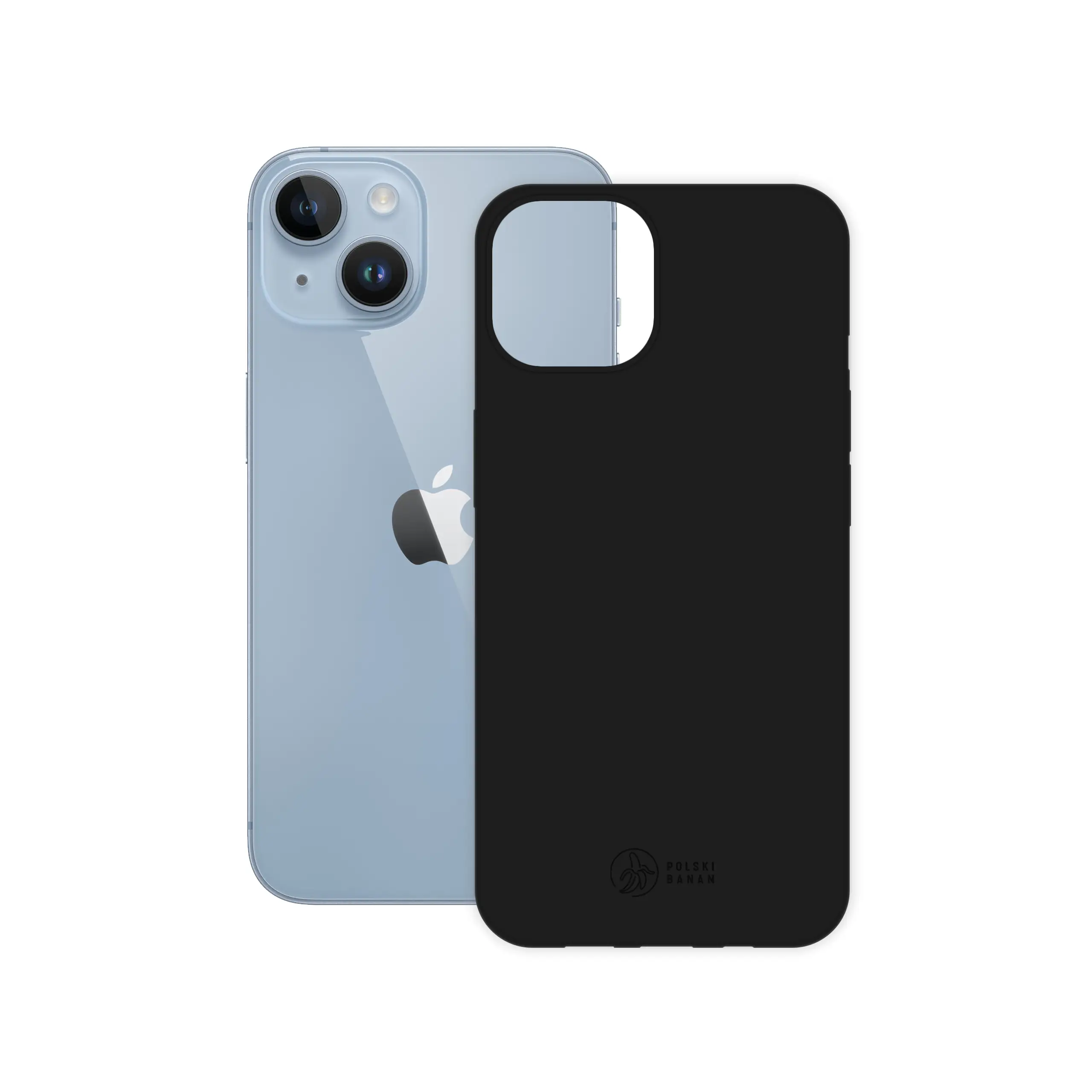 Etui silikonowe matowe czarne Polski Banan obok telefonu Apple iPhone 14