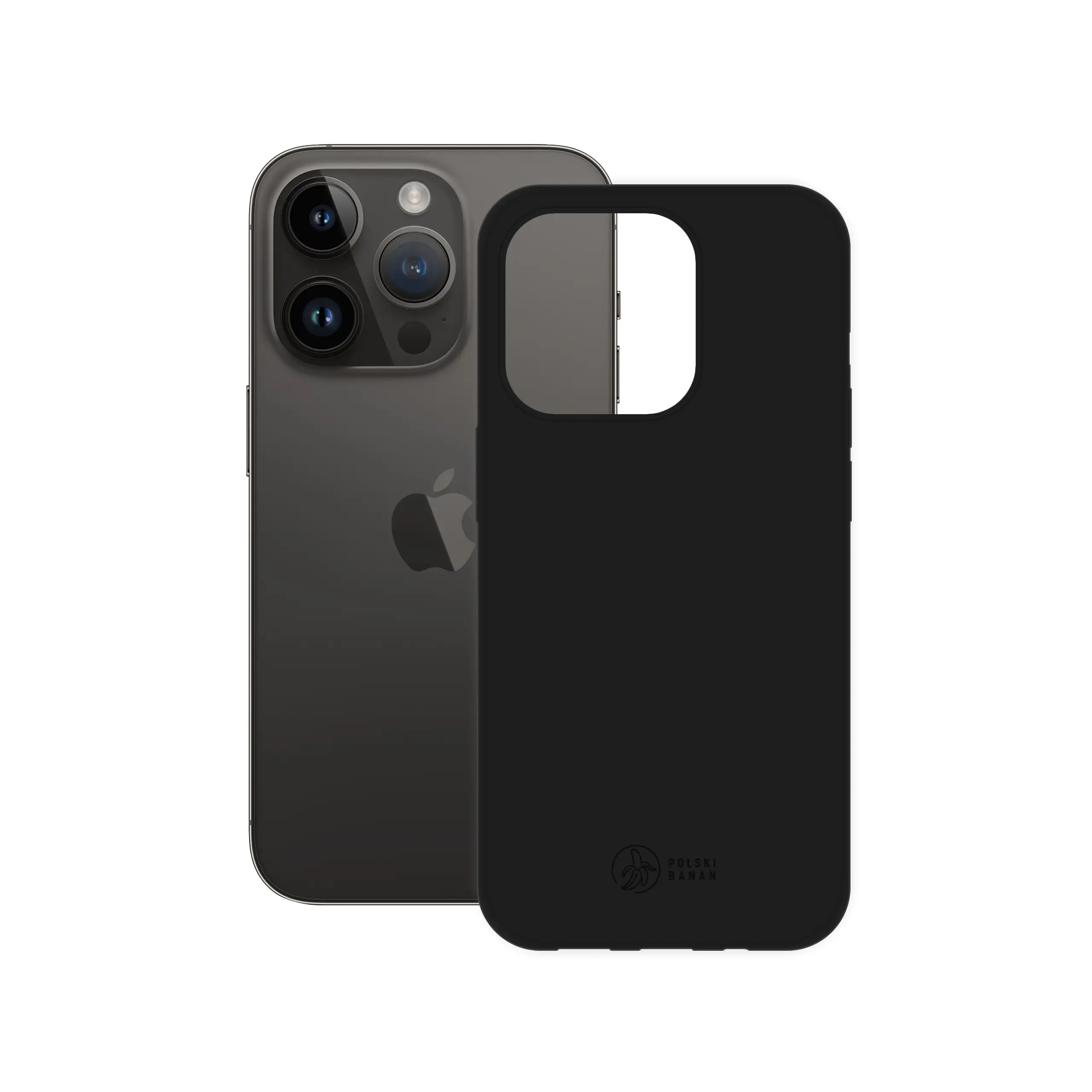 Etui silikonowe matowe czarne Polski Banan obok telefonu Apple iPhone 14 Pro