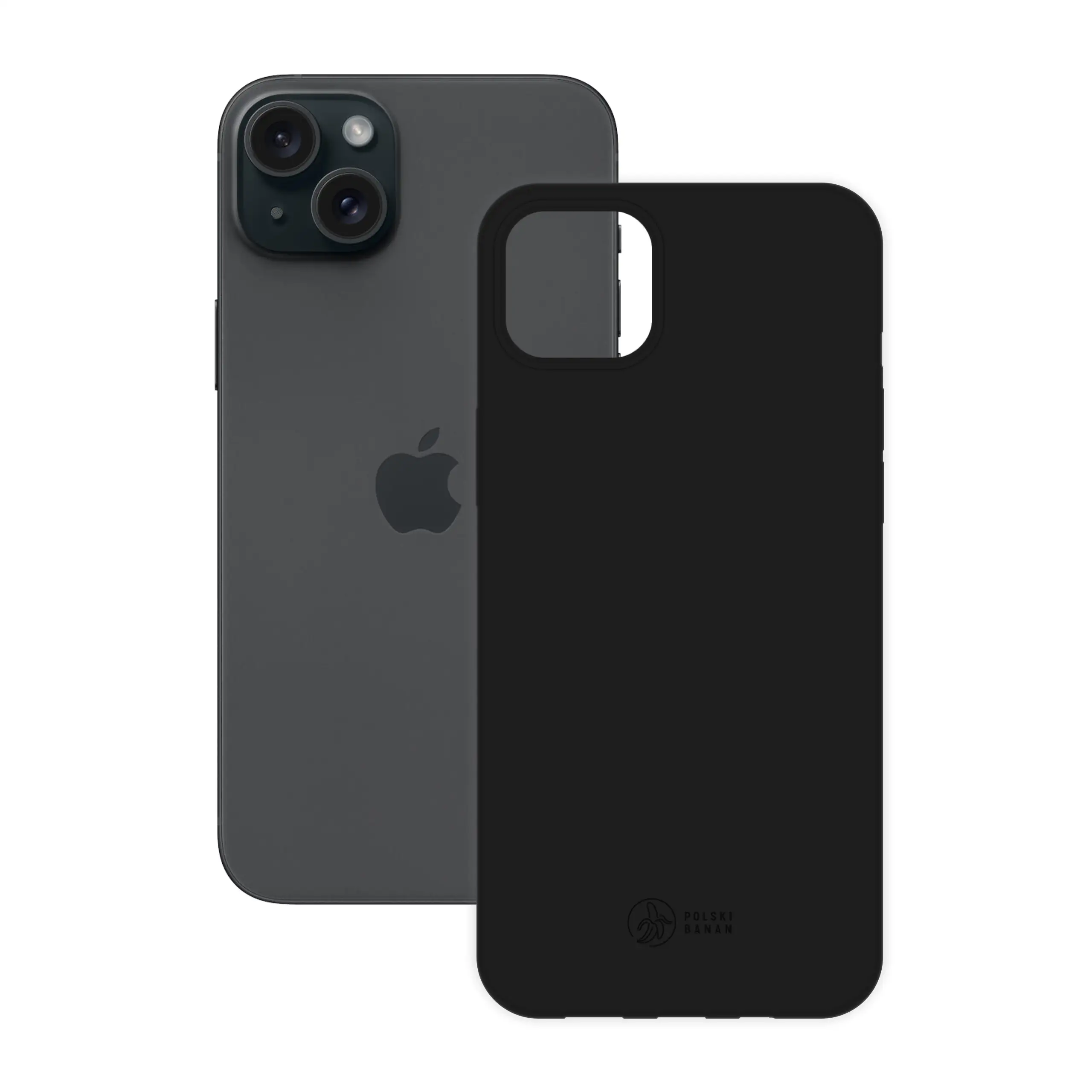Etui silikonowe matowe czarne Polski Banan obok telefonu Apple iPhone 15 Plus