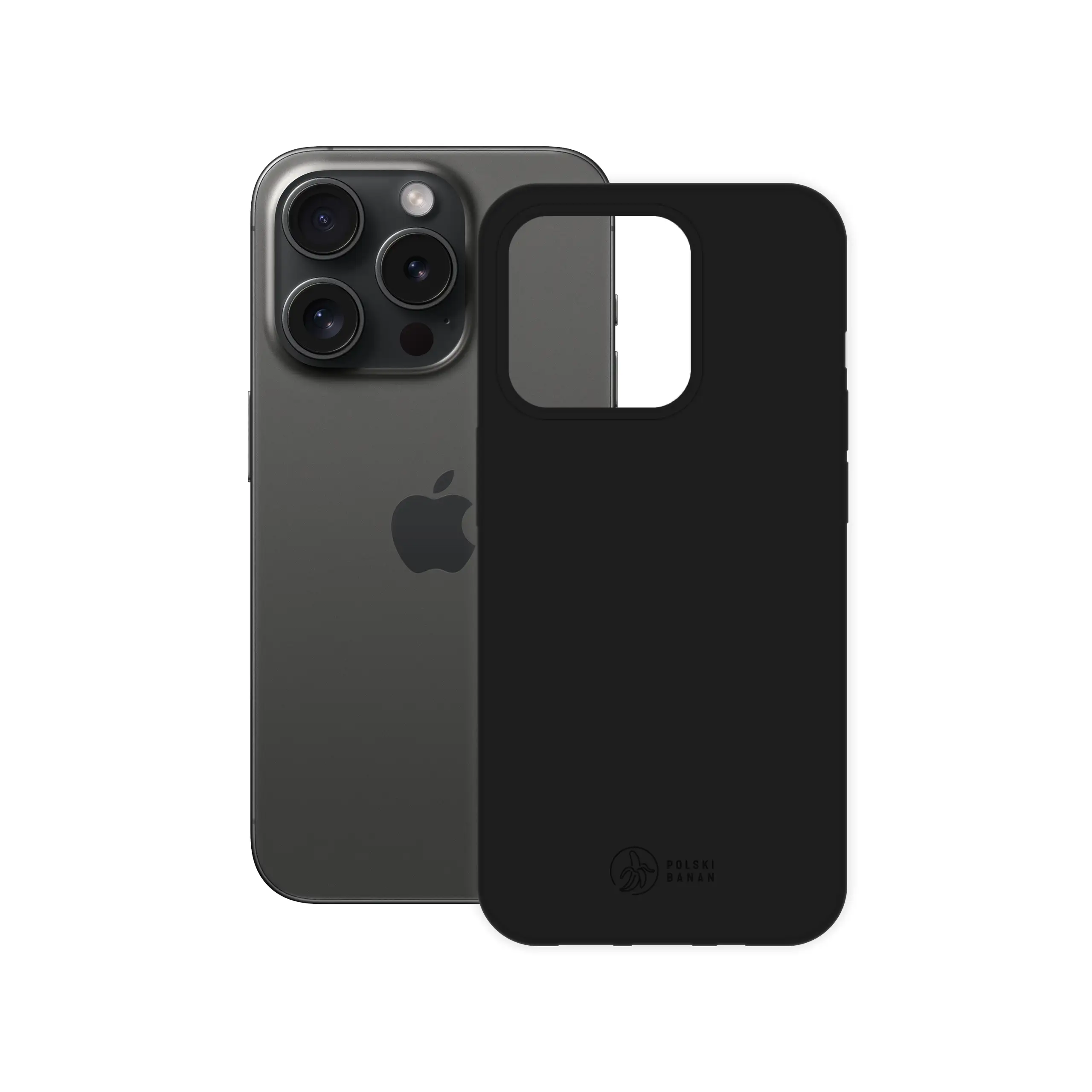 Etui silikonowe matowe czarne Polski Banan obok telefonu Apple iPhone 15 Pro