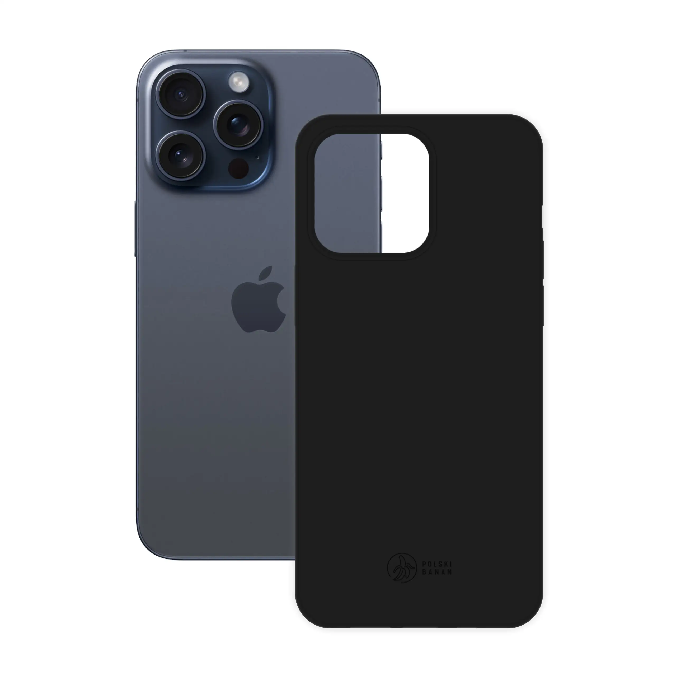 Etui silikonowe matowe czarne Polski Banan obok telefonu Apple iPhone 15 Pro Max
