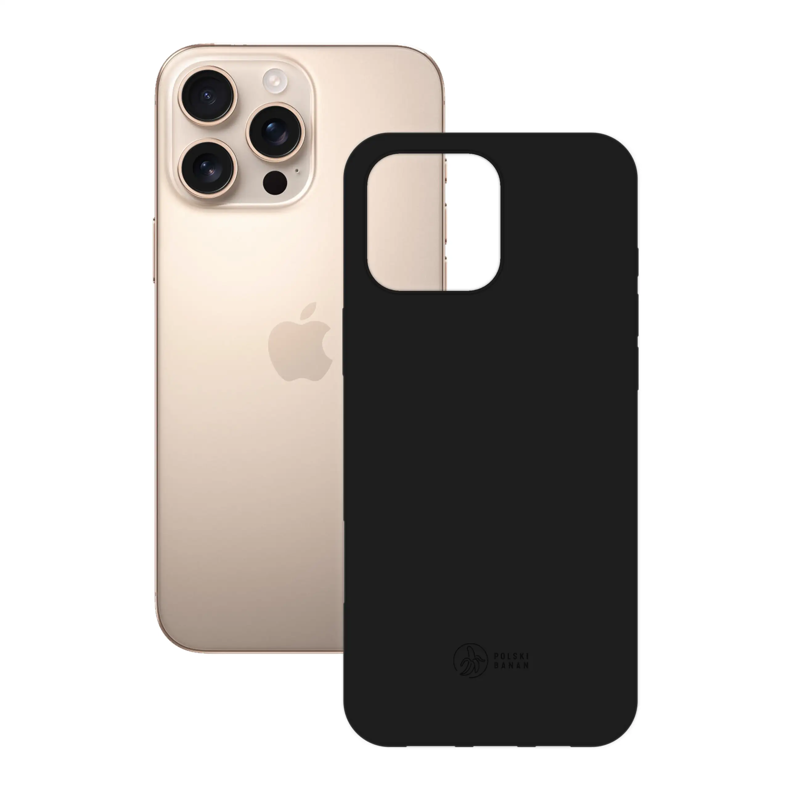 Etui silikonowe matowe czarne Polski Banan obok telefonu Apple iPhone 16 Pro Max