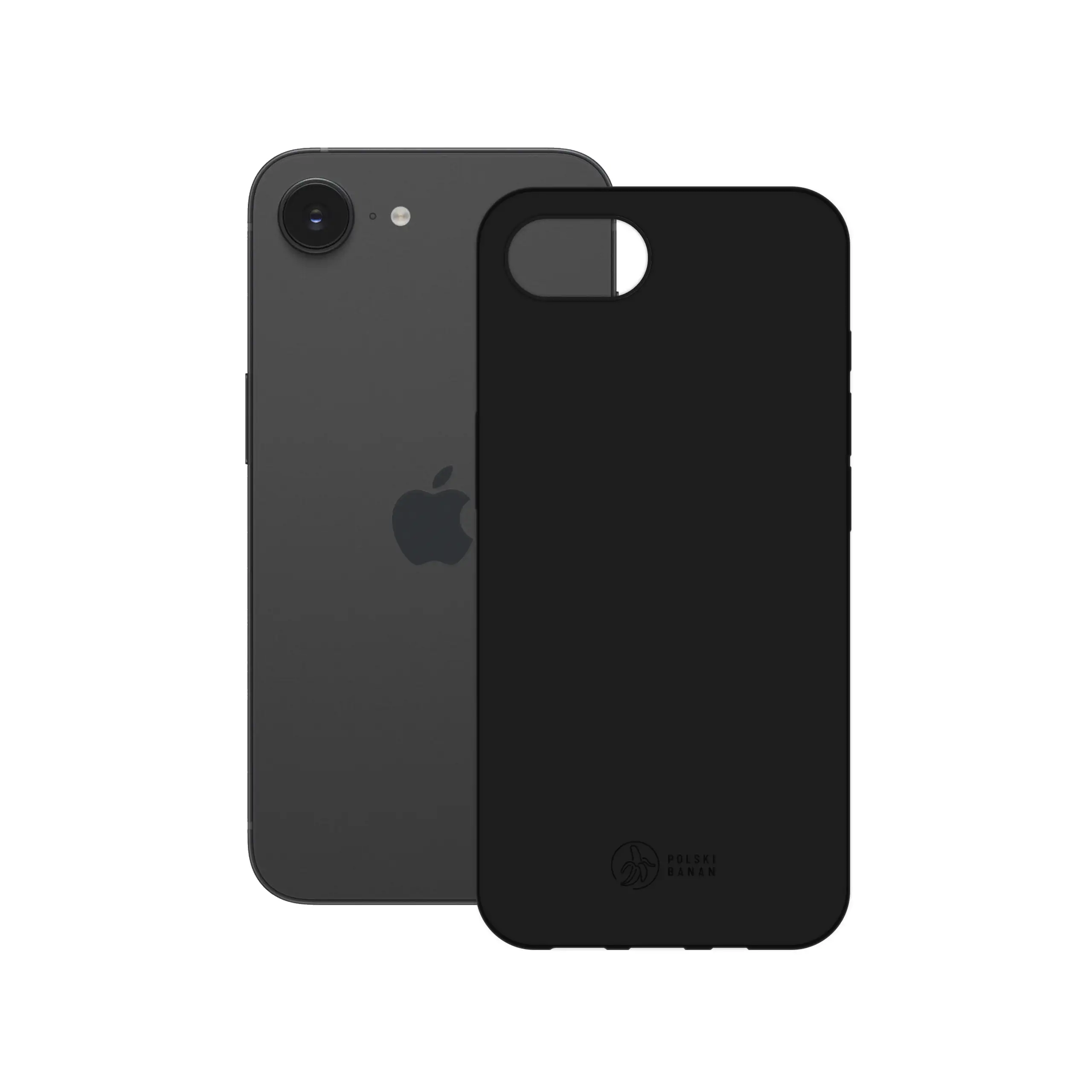 Etui silikonowe matowe czarne Polski Banan obok telefonu Apple iPhone 16e