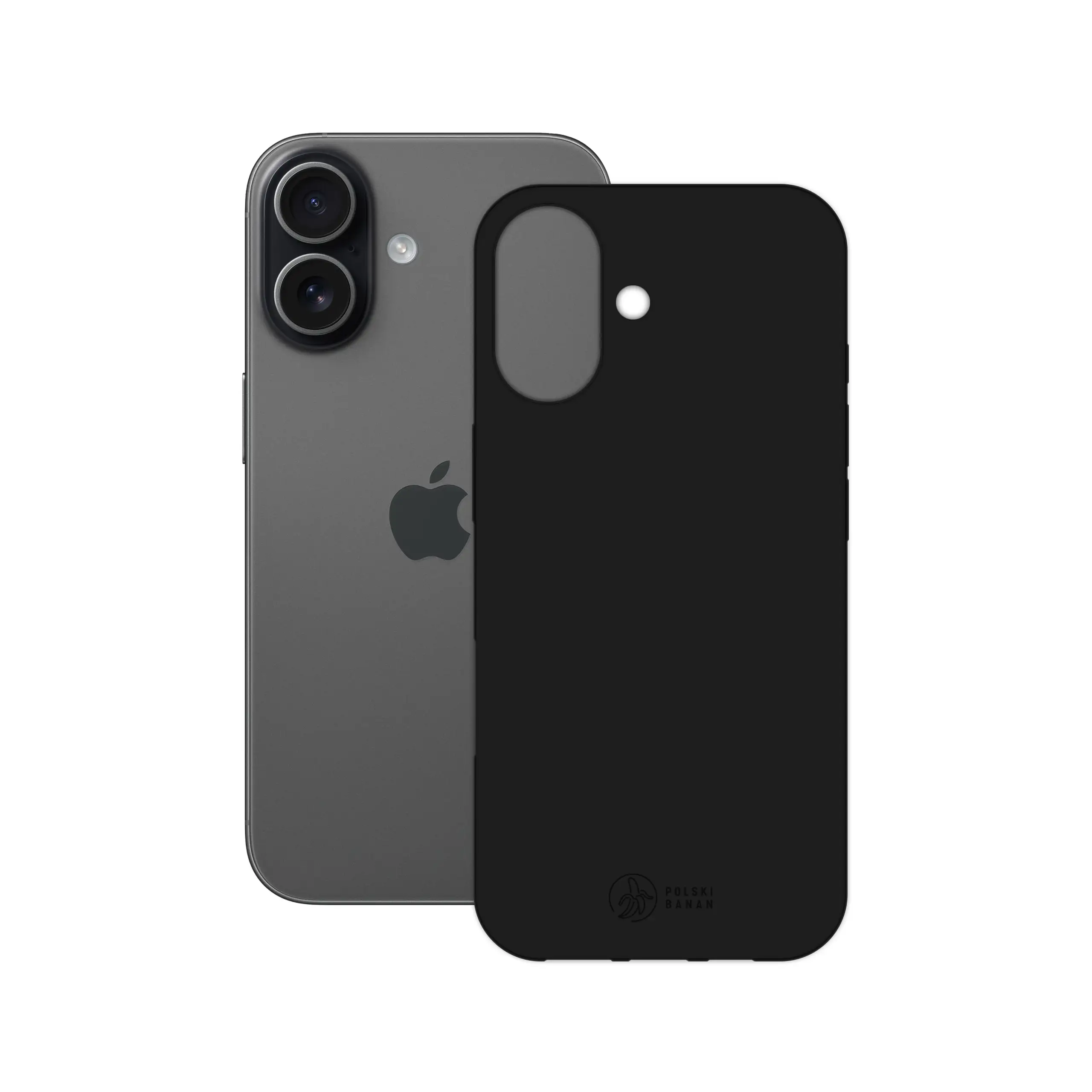 Etui silikonowe matowe czarne Polski Banan obok telefonu Apple iPhone 17