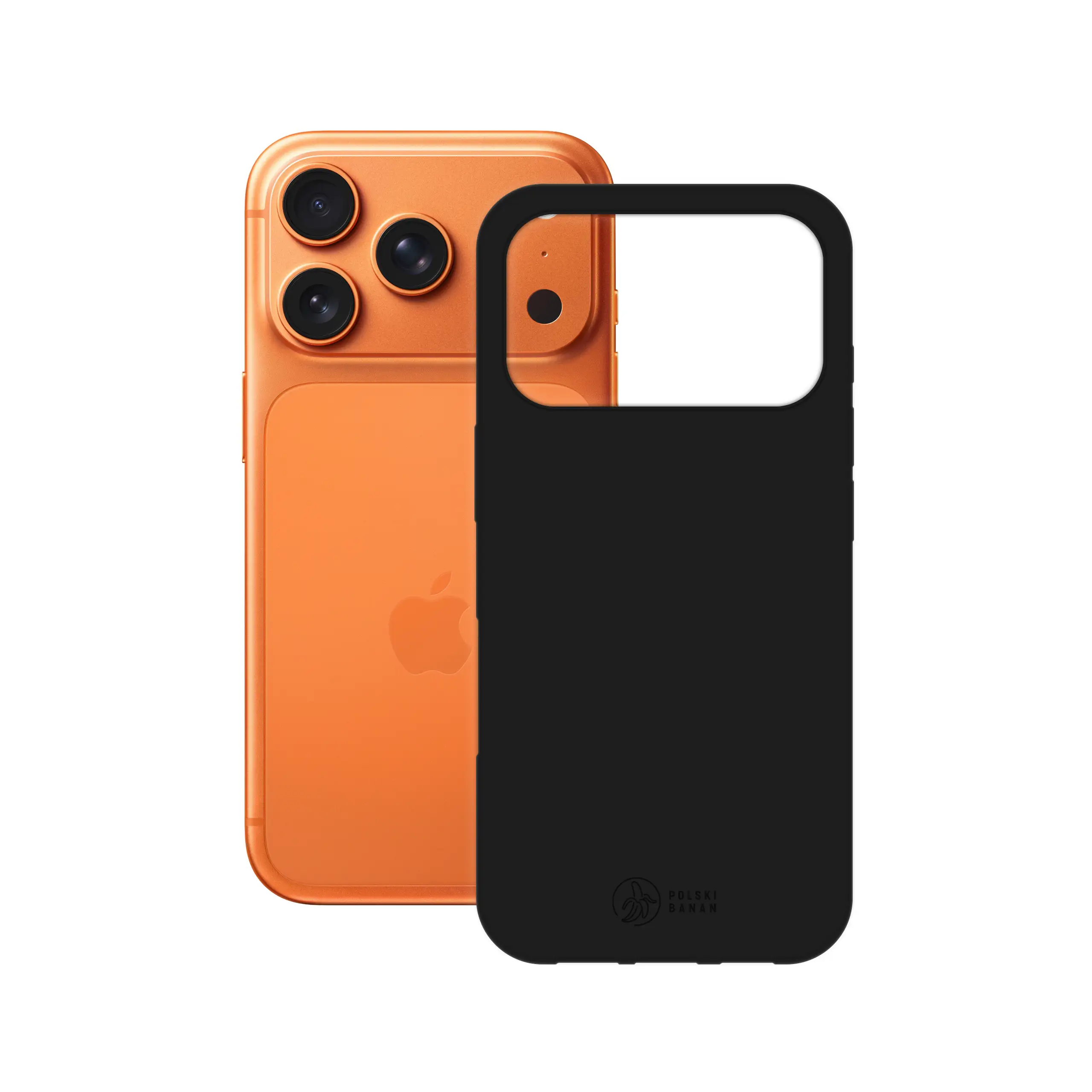 Etui silikonowe matowe czarne Polski Banan obok telefonu Apple iPhone 17 Pro