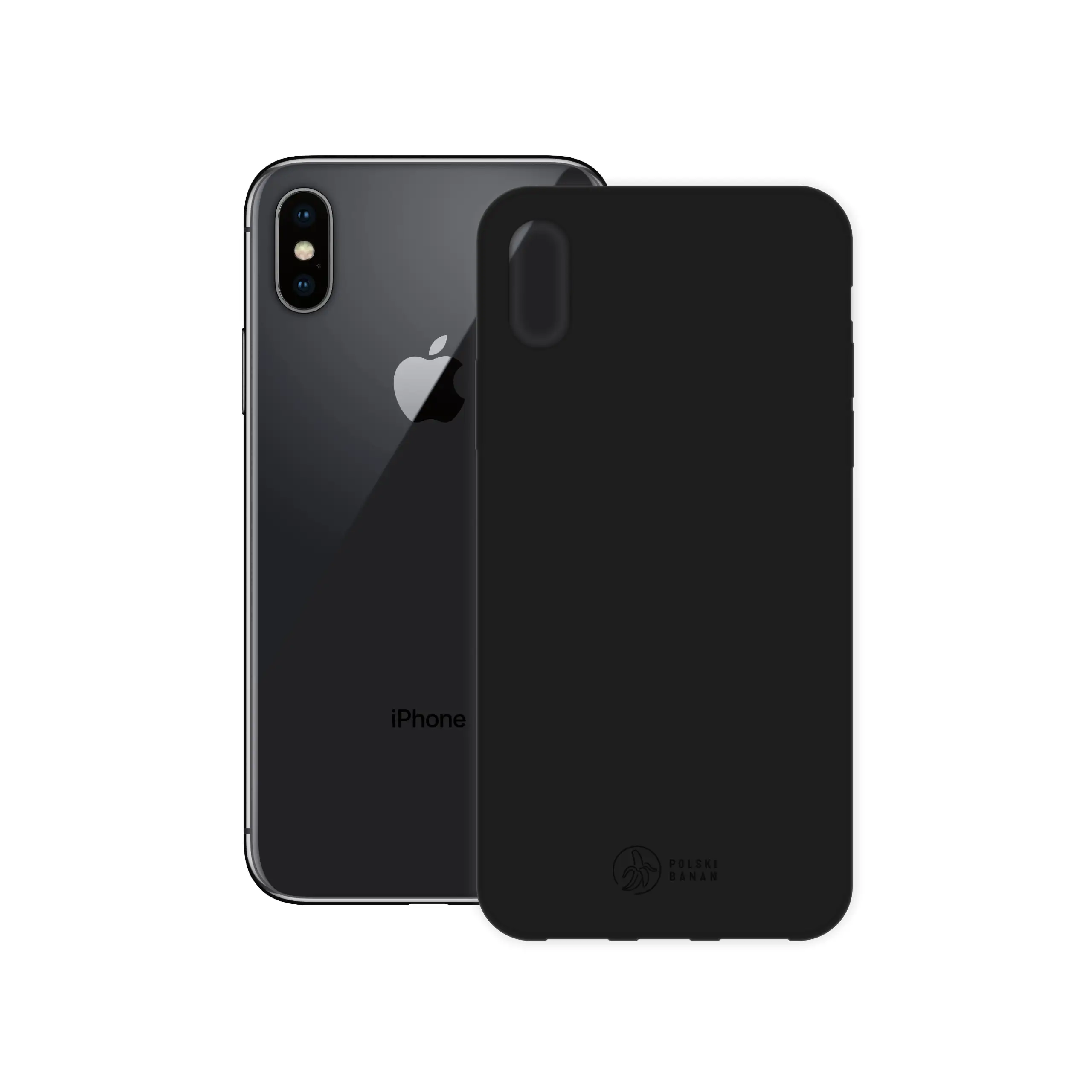 Etui silikonowe matowe czarne Polski Banan obok telefonu Apple iPhone X / Xs