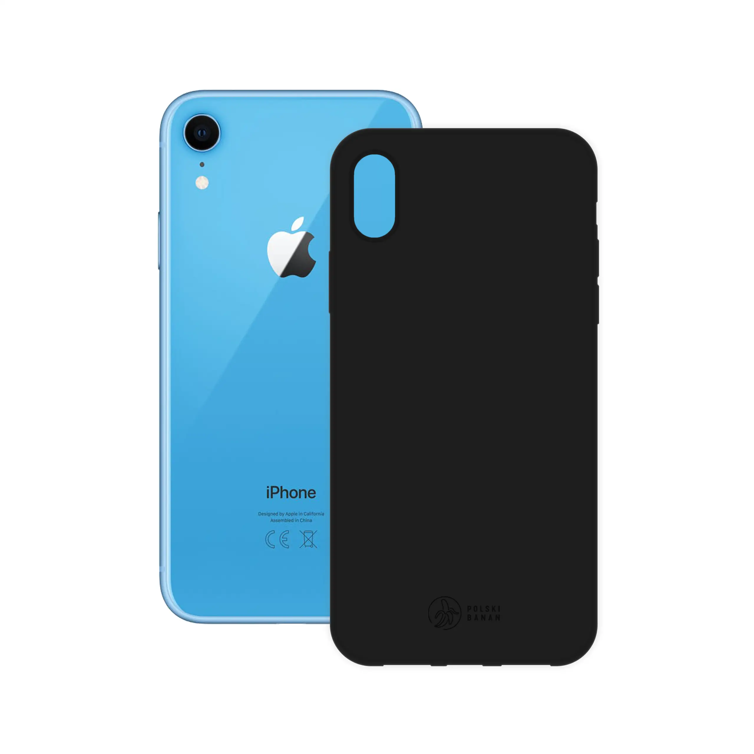 Etui silikonowe matowe czarne Polski Banan obok telefonu Apple iPhone Xr