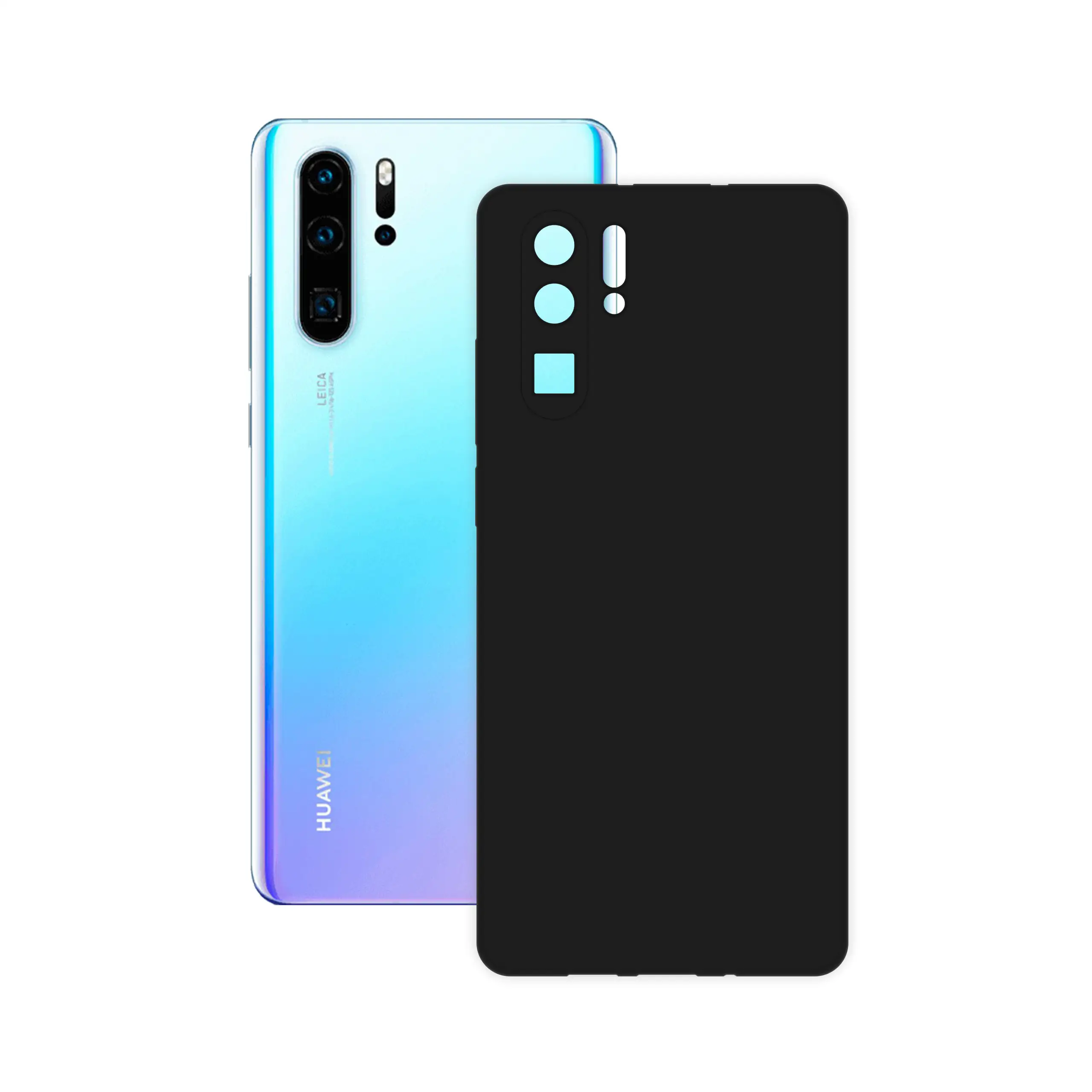 Etui silikonowe matowe czarne Polski Banan obok telefonu Huawei P30 Pro