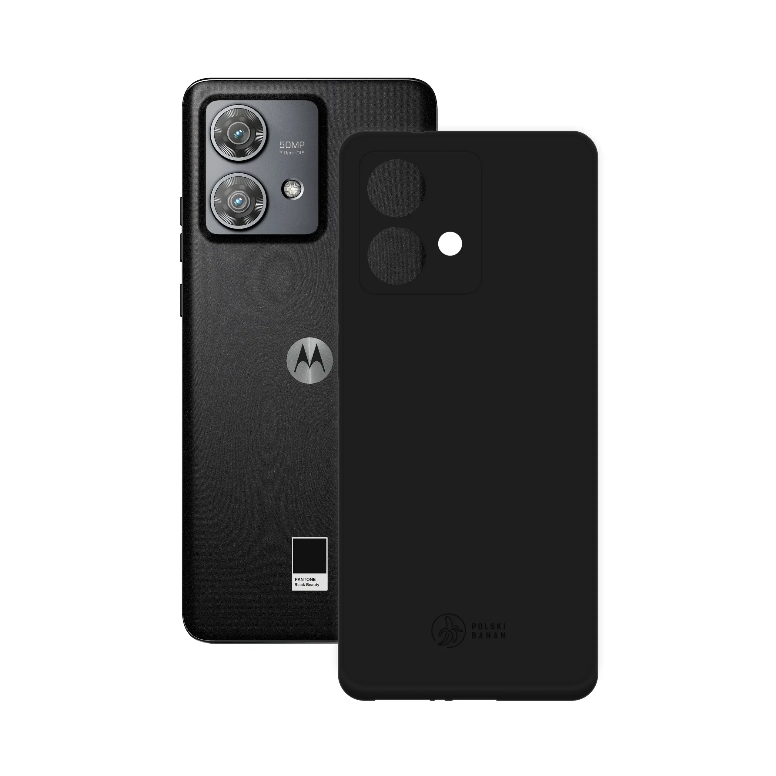 Etui silikonowe matowe czarne Polski Banan obok telefonu Motorola Edge 40 Neo