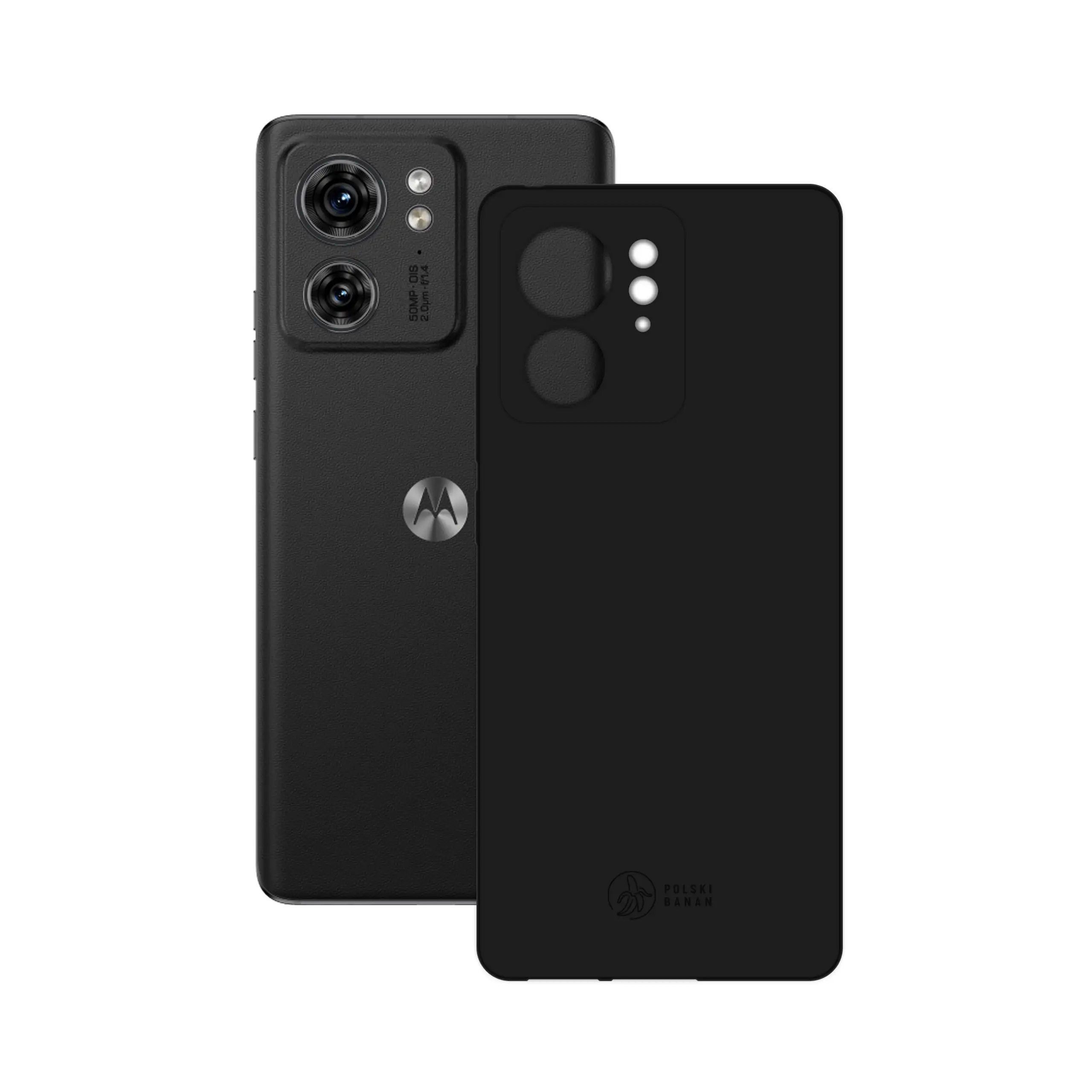 Etui silikonowe matowe czarne Polski Banan obok telefonu Motorola Edge 40