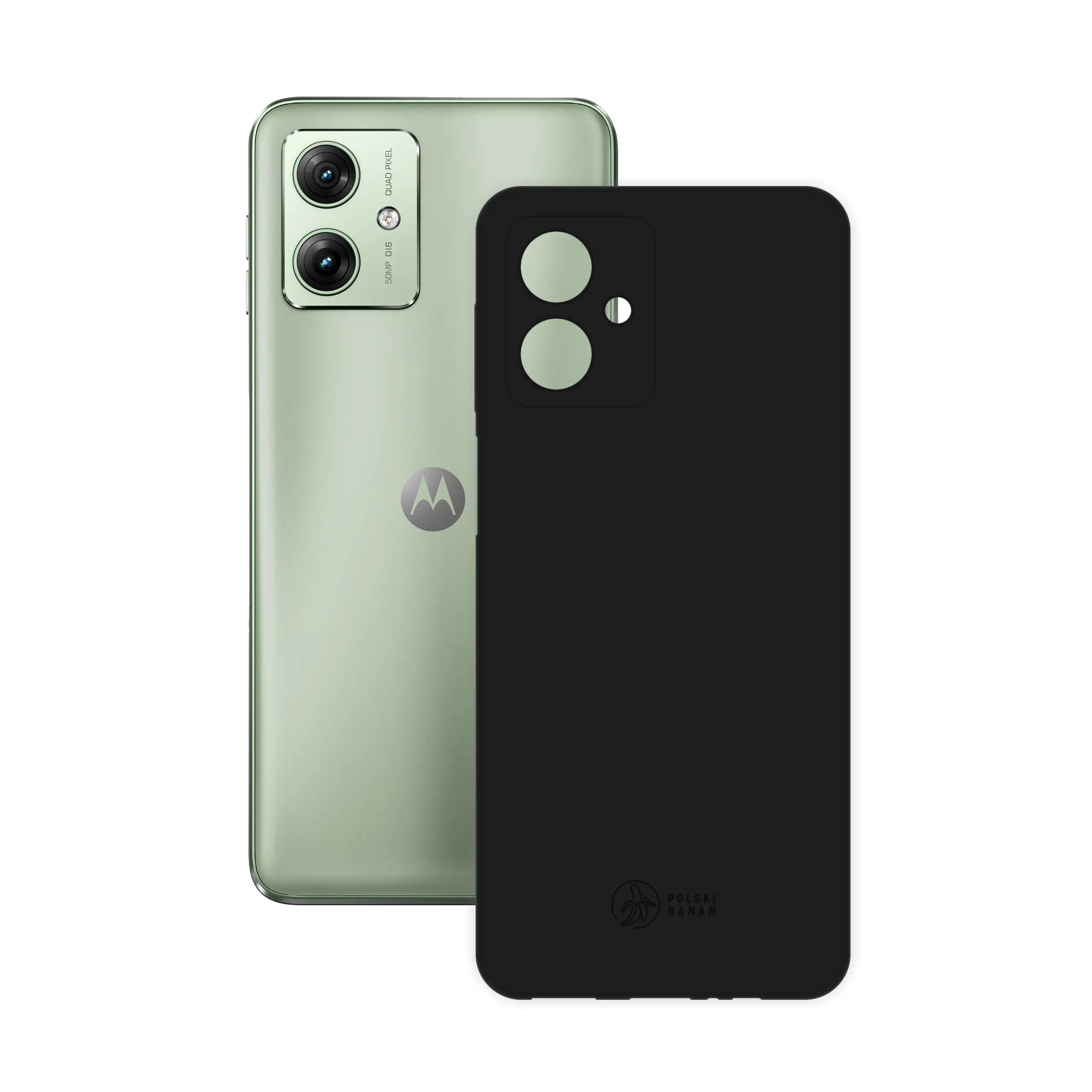 Etui silikonowe matowe czarne Polski Banan obok telefonu Motorola Moto G54 5G / G54 Power Edition