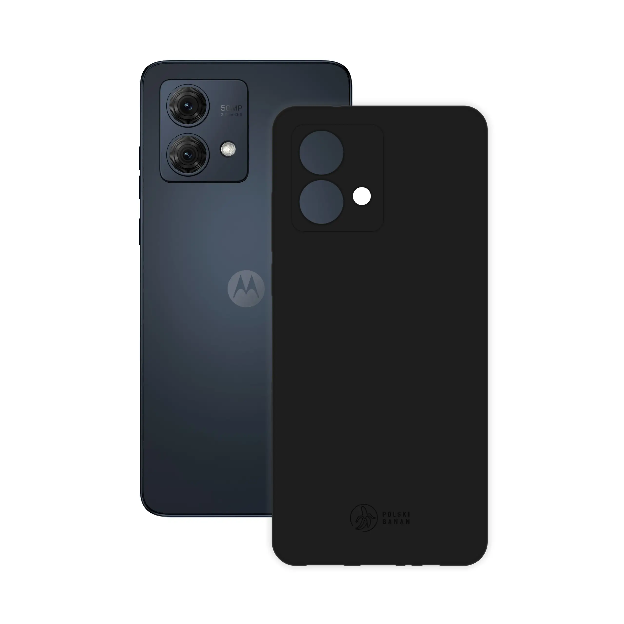 Etui silikonowe matowe czarne Polski Banan obok telefonu Motorola Moto G84 5G