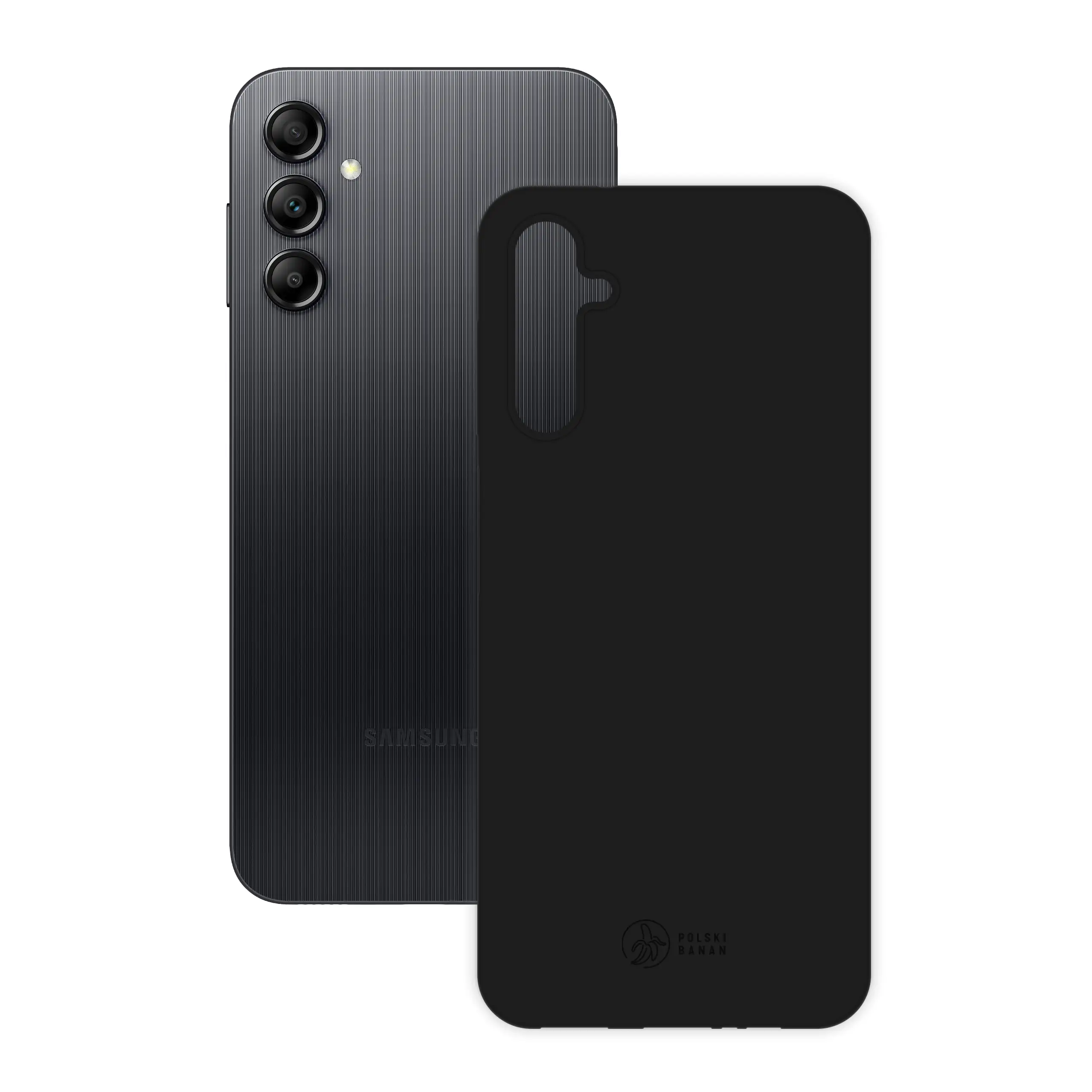Etui silikonowe matowe czarne Polski Banan obok telefonu Samsung Galaxy A14 / A14 5G