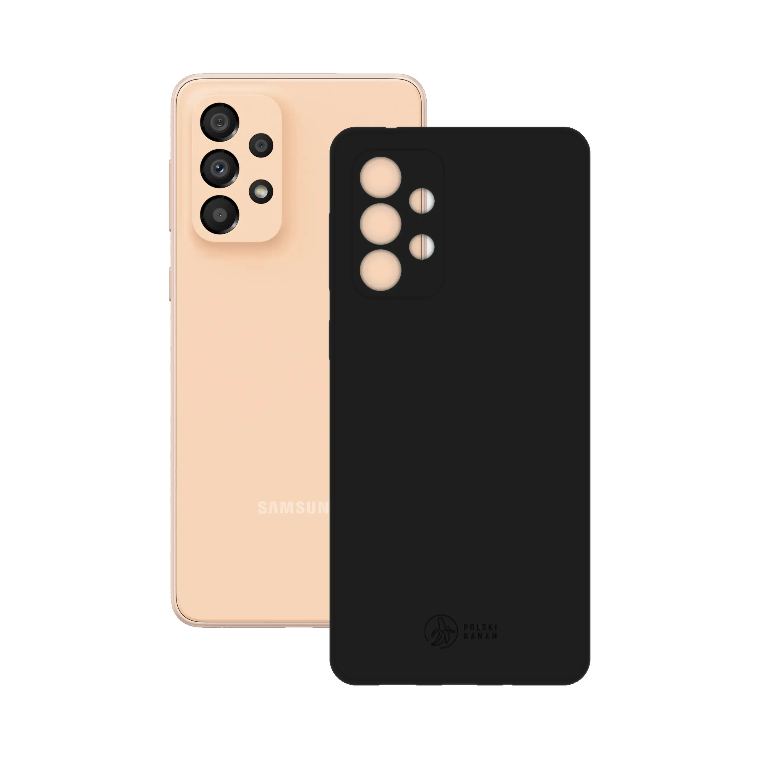 Etui silikonowe matowe czarne Polski Banan obok telefonu Samsung Galaxy A33 / A33 5G