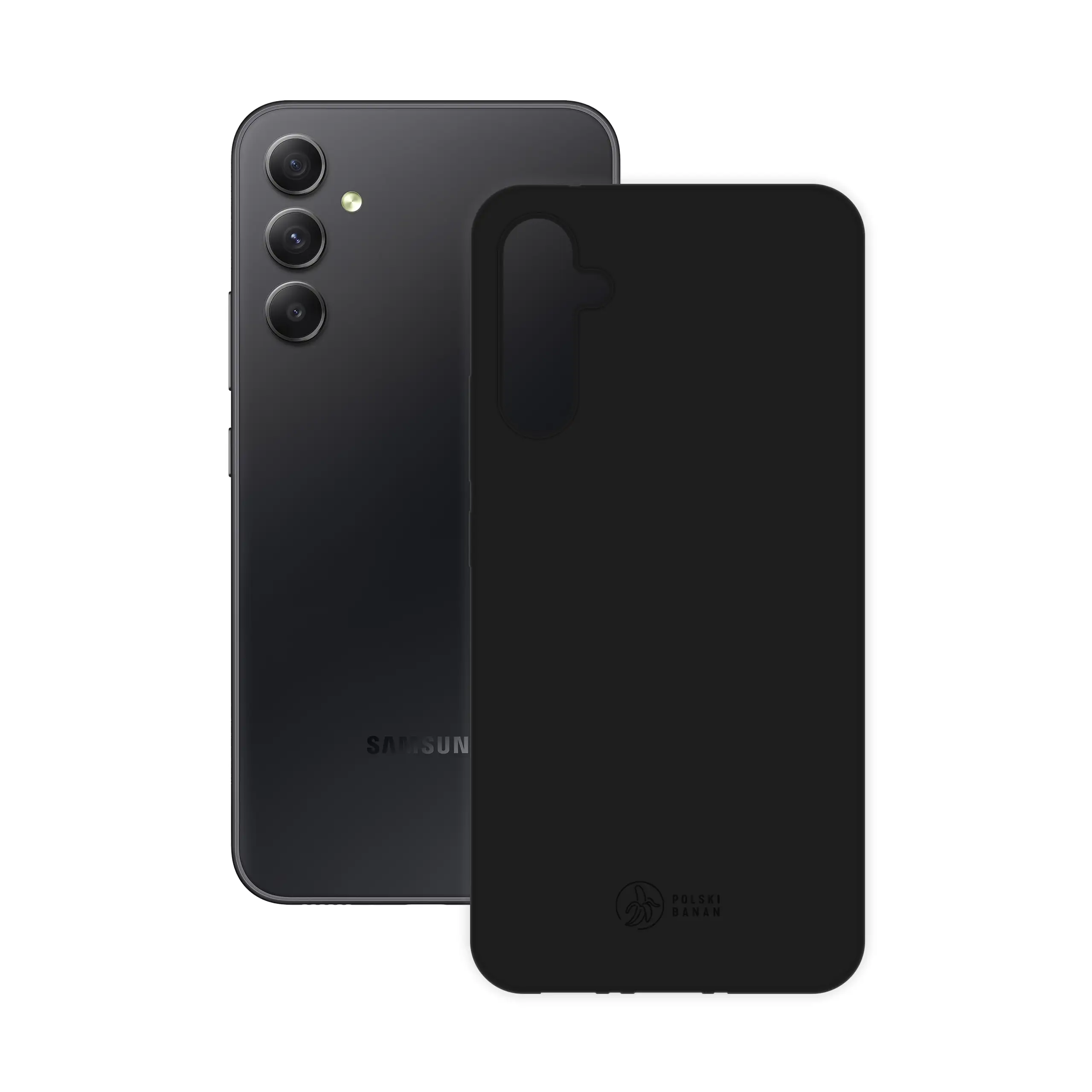 Etui silikonowe matowe czarne Polski Banan obok telefonu Samsung Galaxy A34 / A34 5G