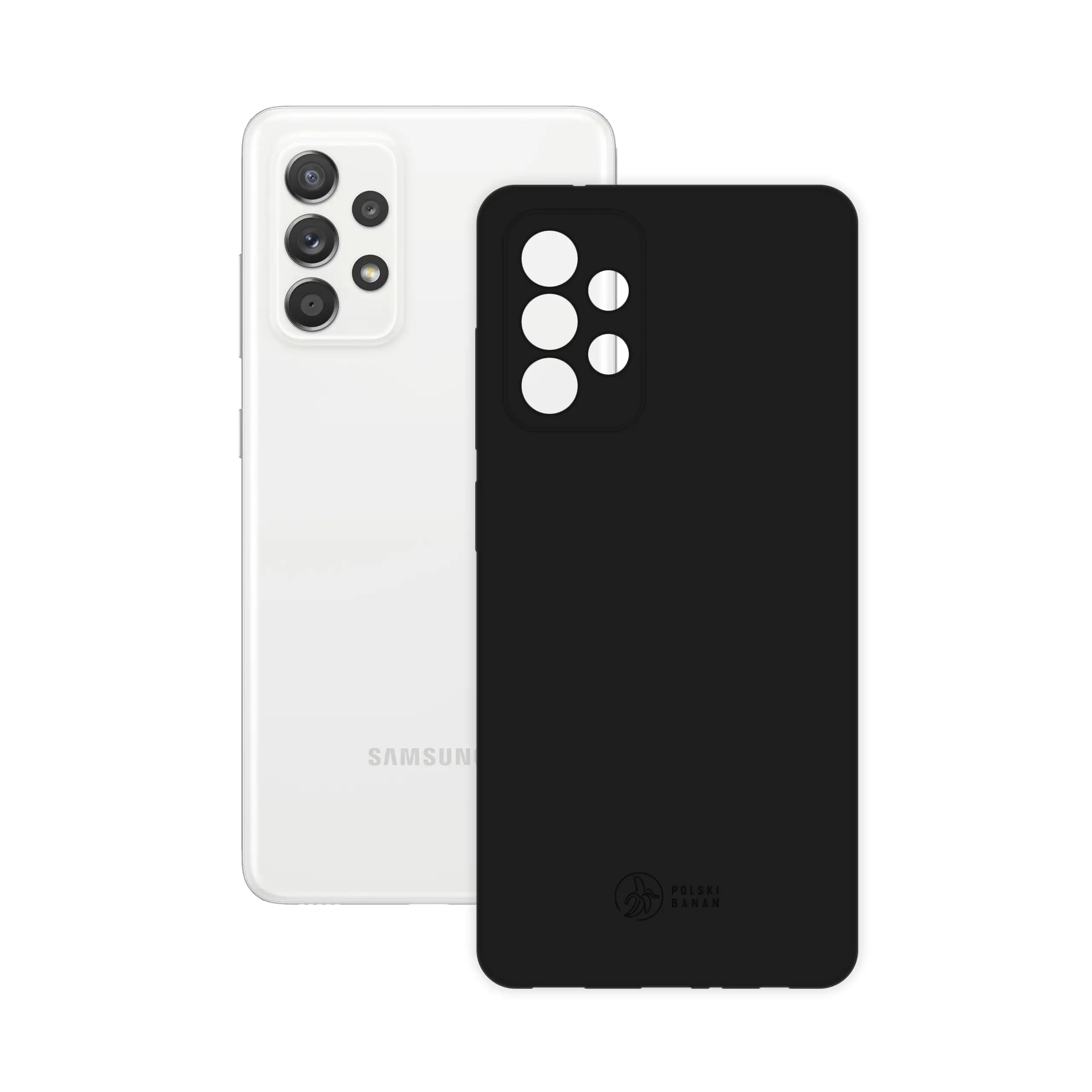 Etui silikonowe matowe czarne Polski Banan obok telefonu Samsung Galaxy A52 / A52s