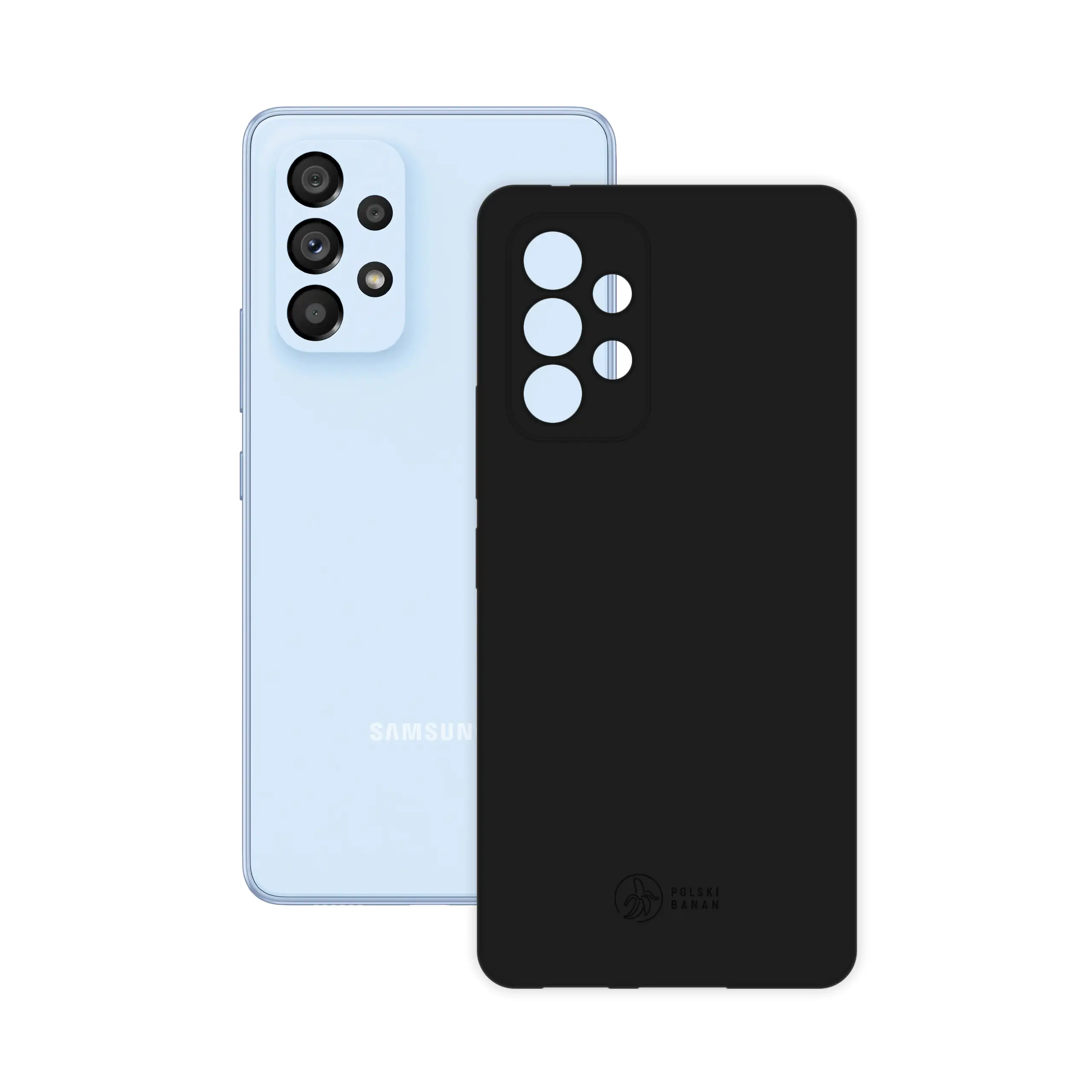 Etui silikonowe matowe czarne Polski Banan obok telefonu Samsung Galaxy A53 / A53 5G