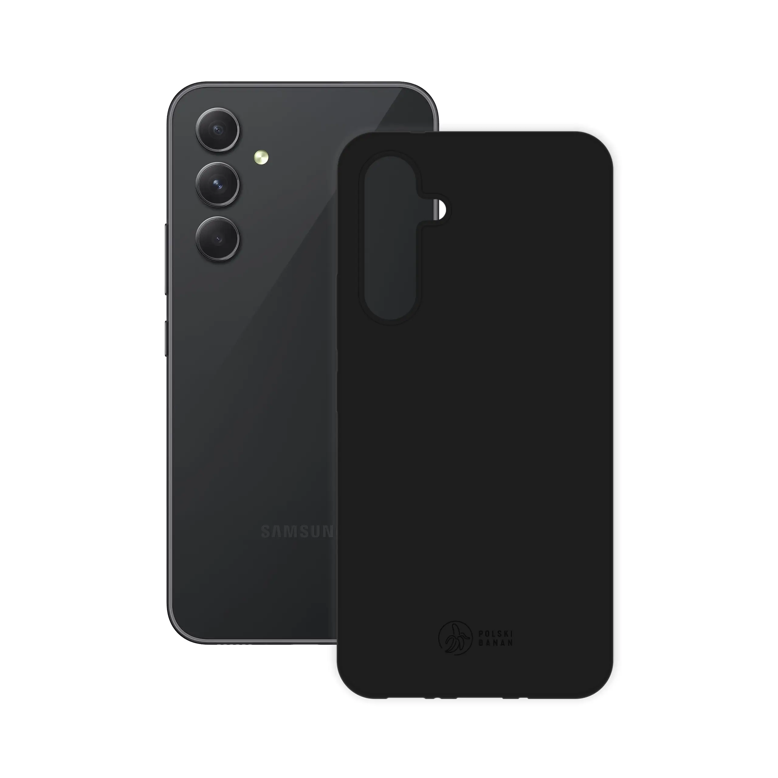 Etui silikonowe matowe czarne Polski Banan obok telefonu Samsung Galaxy A54