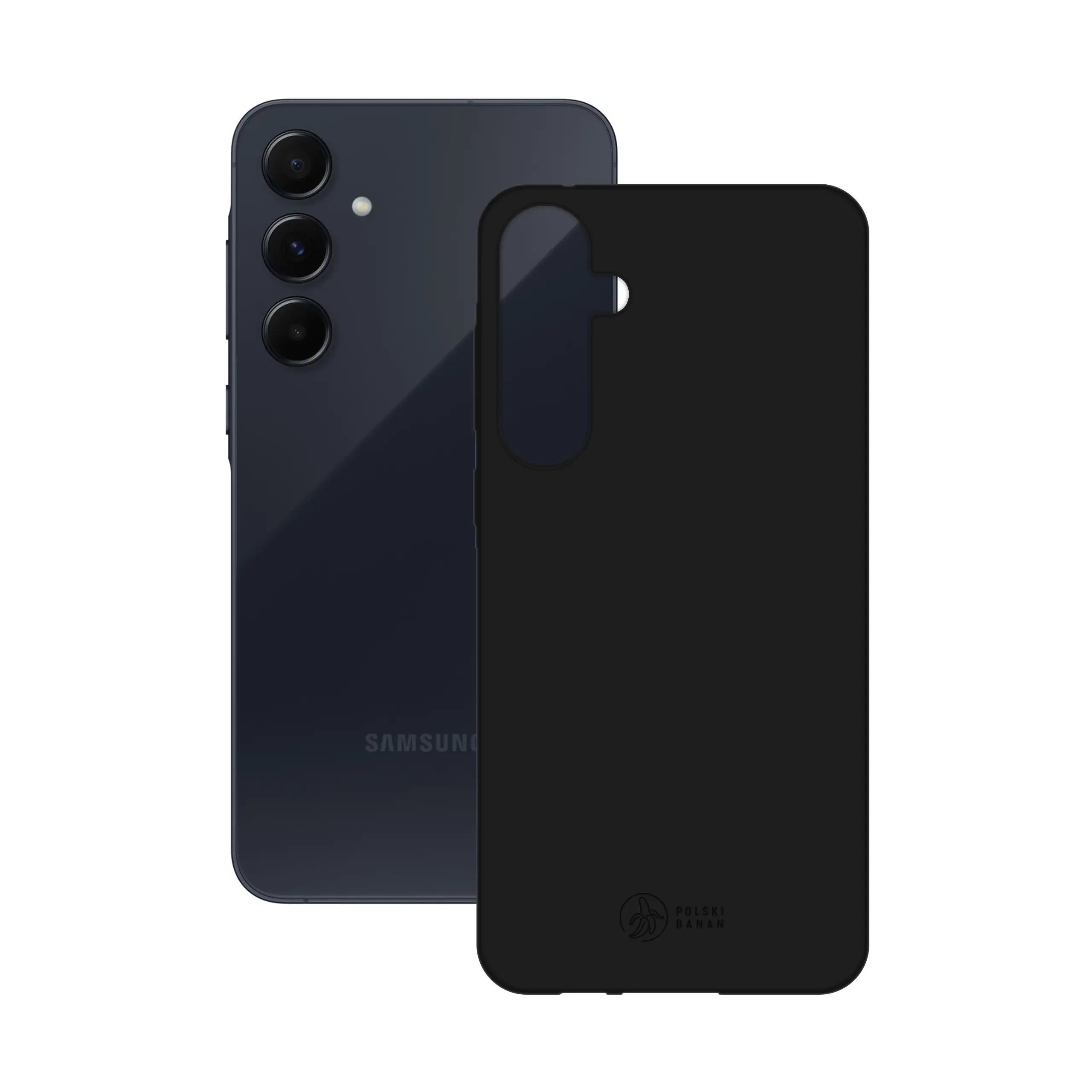 Etui silikonowe matowe czarne Polski Banan obok telefonu Samsung Galaxy A55 5G