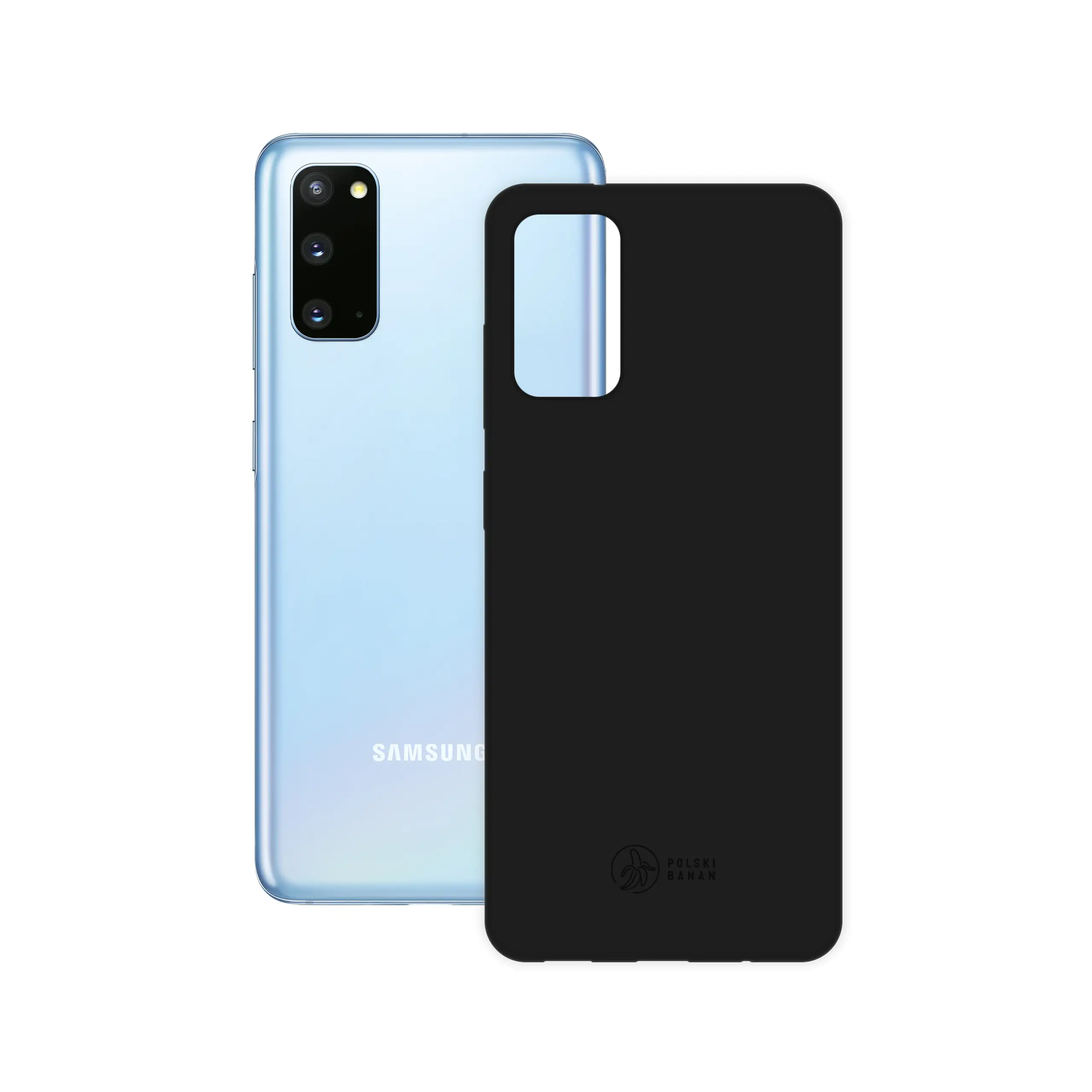 Etui silikonowe matowe czarne Polski Banan obok telefonu Samsung Galaxy S20
