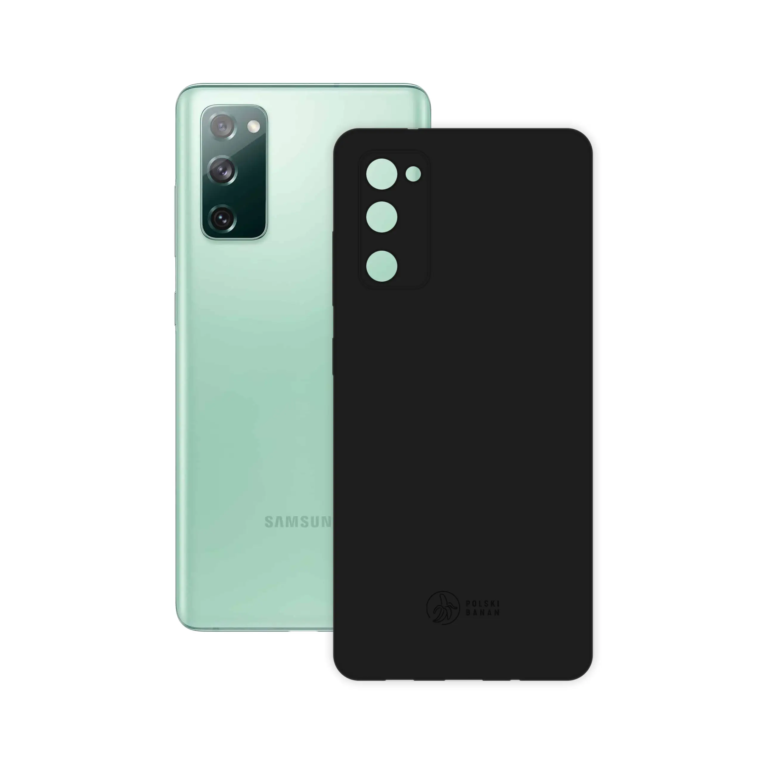 Etui silikonowe matowe czarne Polski Banan obok telefonu Samsung Galaxy S20 FE