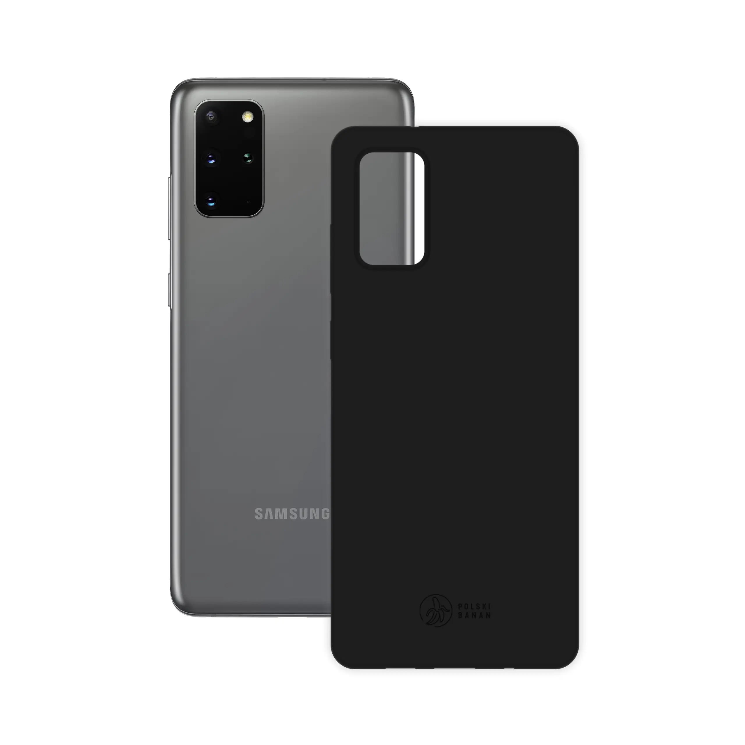 Etui silikonowe matowe czarne Polski Banan obok telefonu Samsung Galaxy S20 Plus
