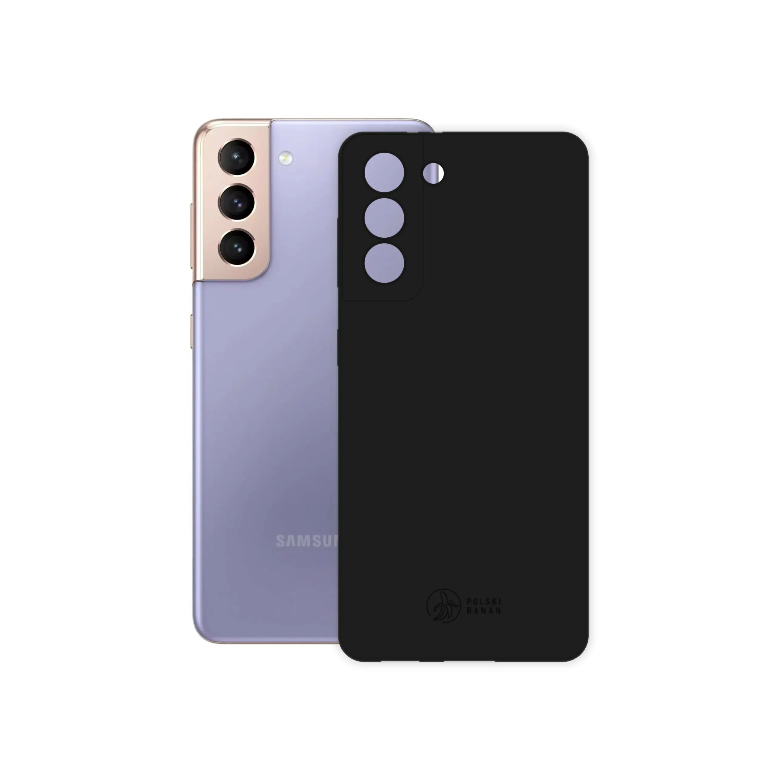 Etui silikonowe matowe czarne Polski Banan obok telefonu Samsung Galaxy S21