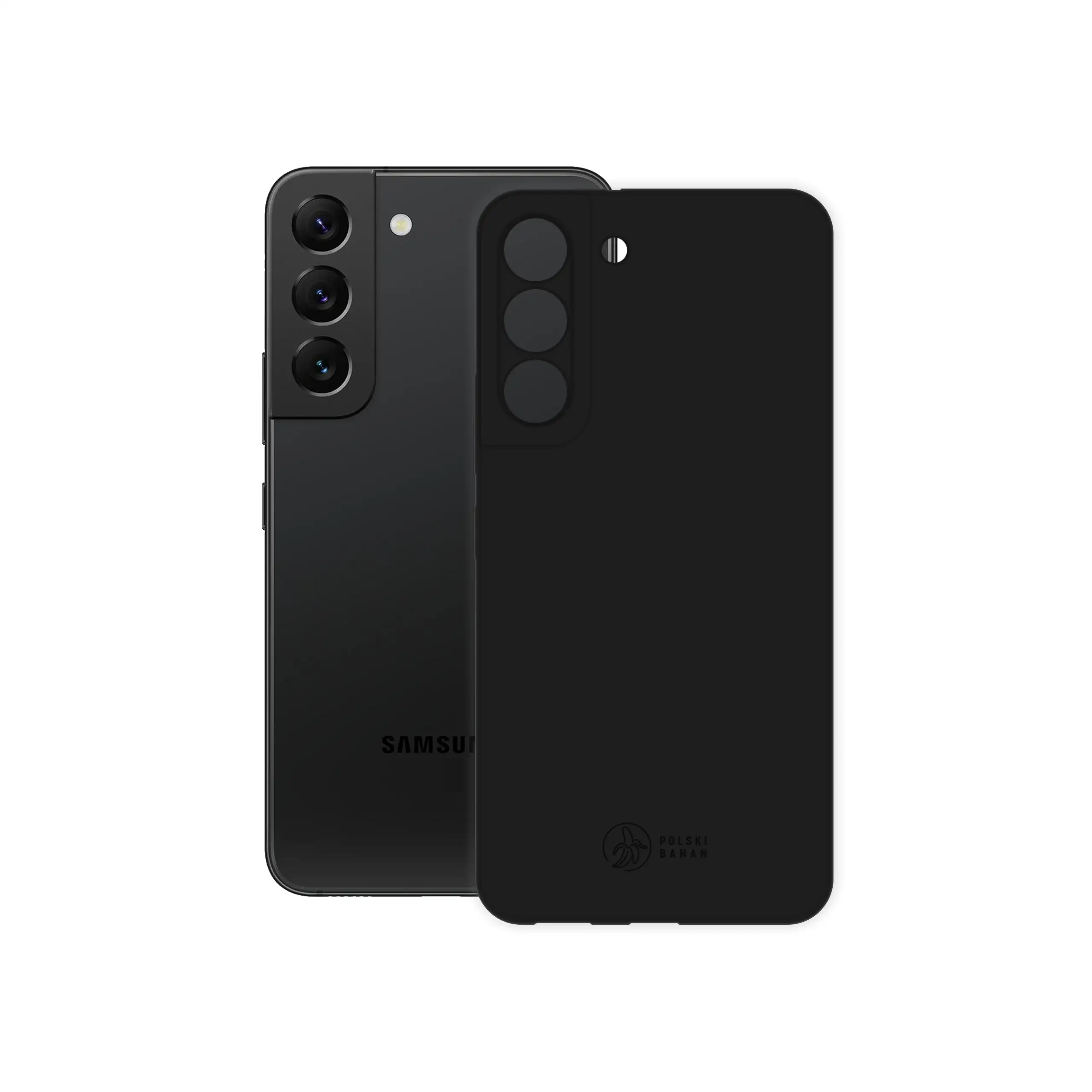 Etui silikonowe matowe czarne Polski Banan obok telefonu Samsung Galaxy S22